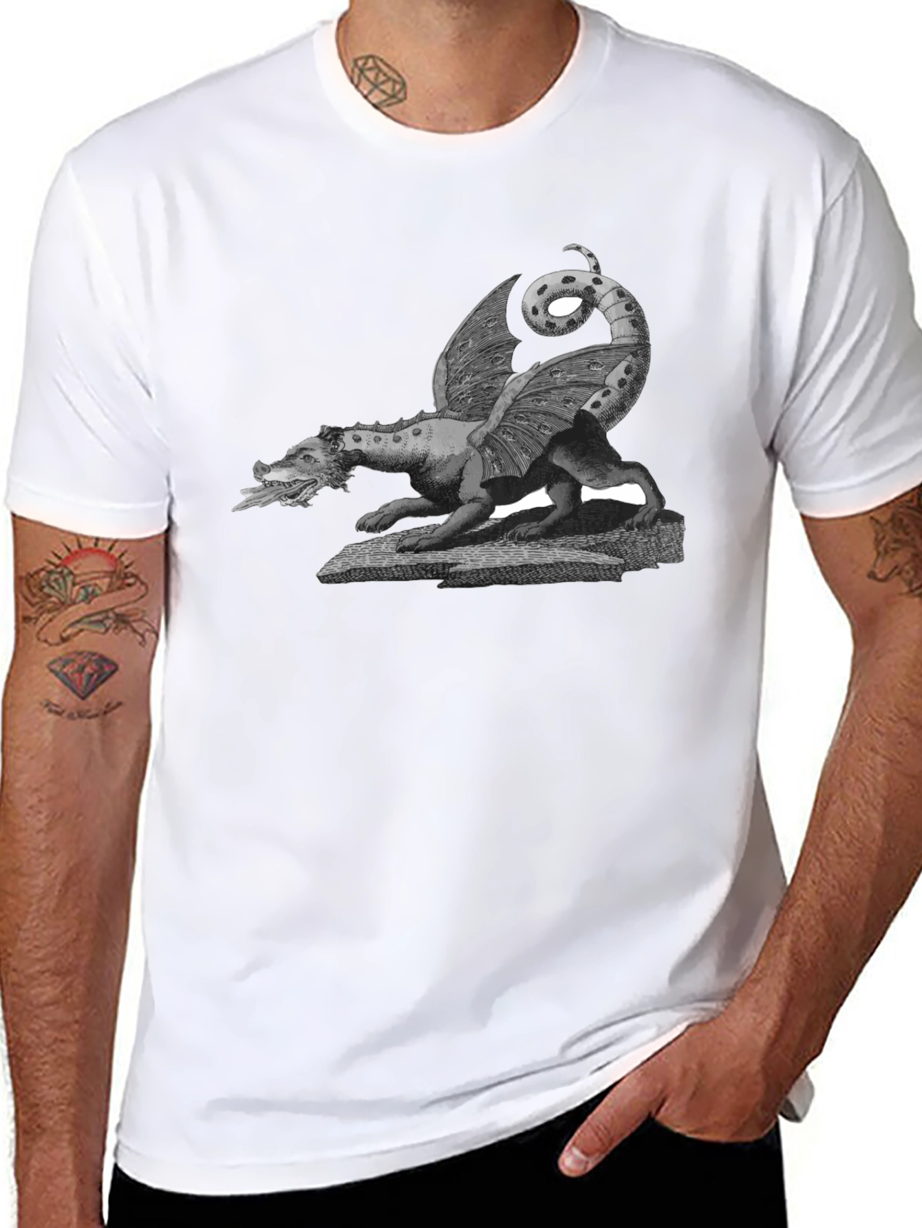 Dragon Graphic Print Crew Neck Tee - Black