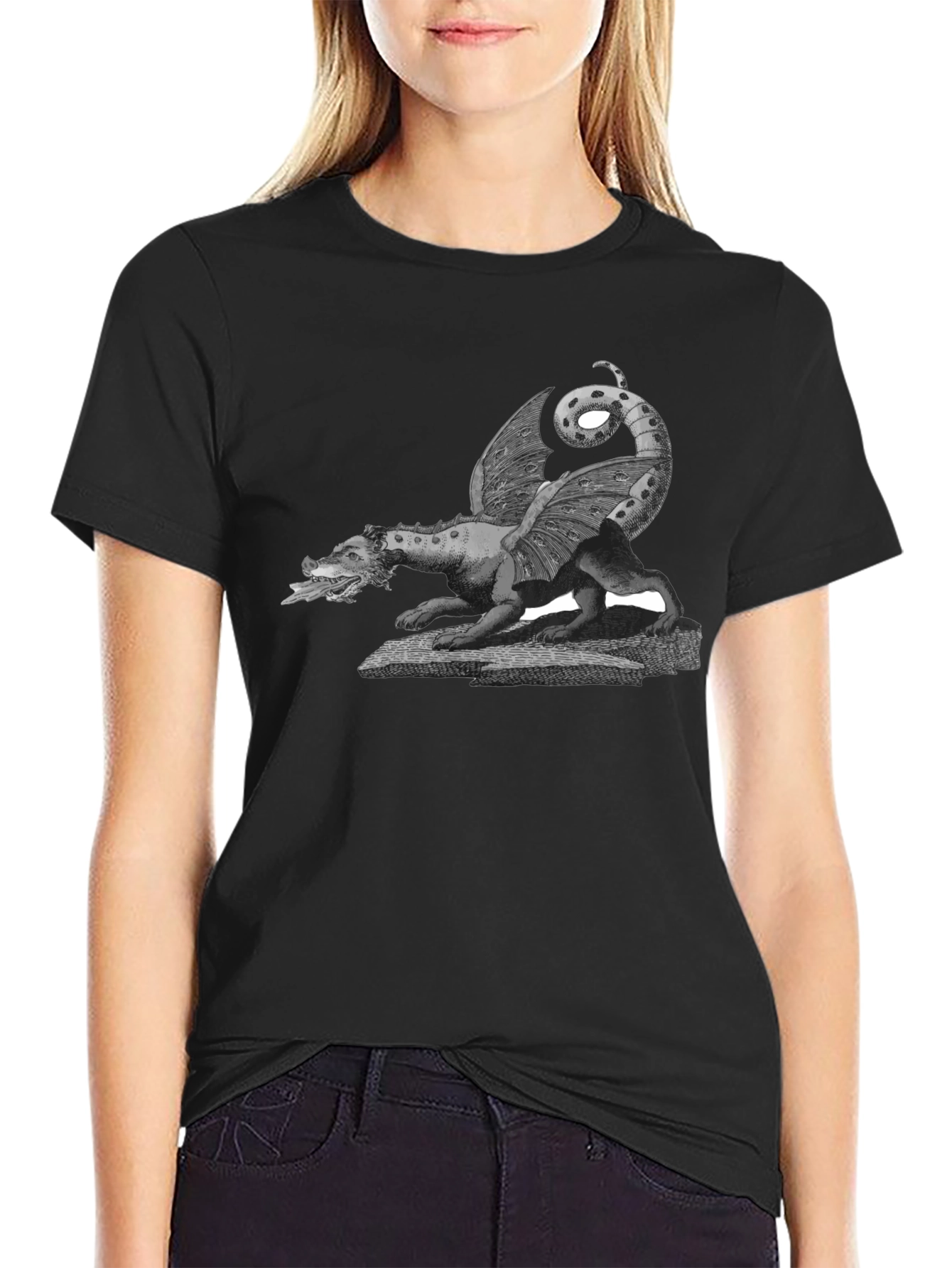 Dragon Graphic Print Crew Neck Tee - Black