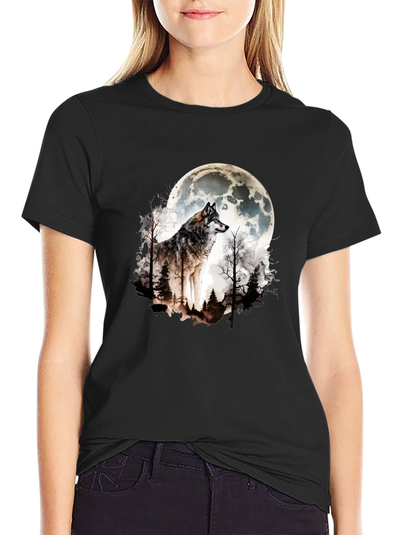 Wolf Moon Graphic Tee - Black Cotton Blend T-Shirt