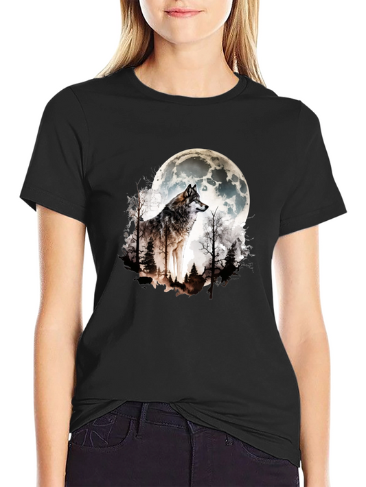Wolf Moon Graphic Tee - Black Cotton Blend T-Shirt