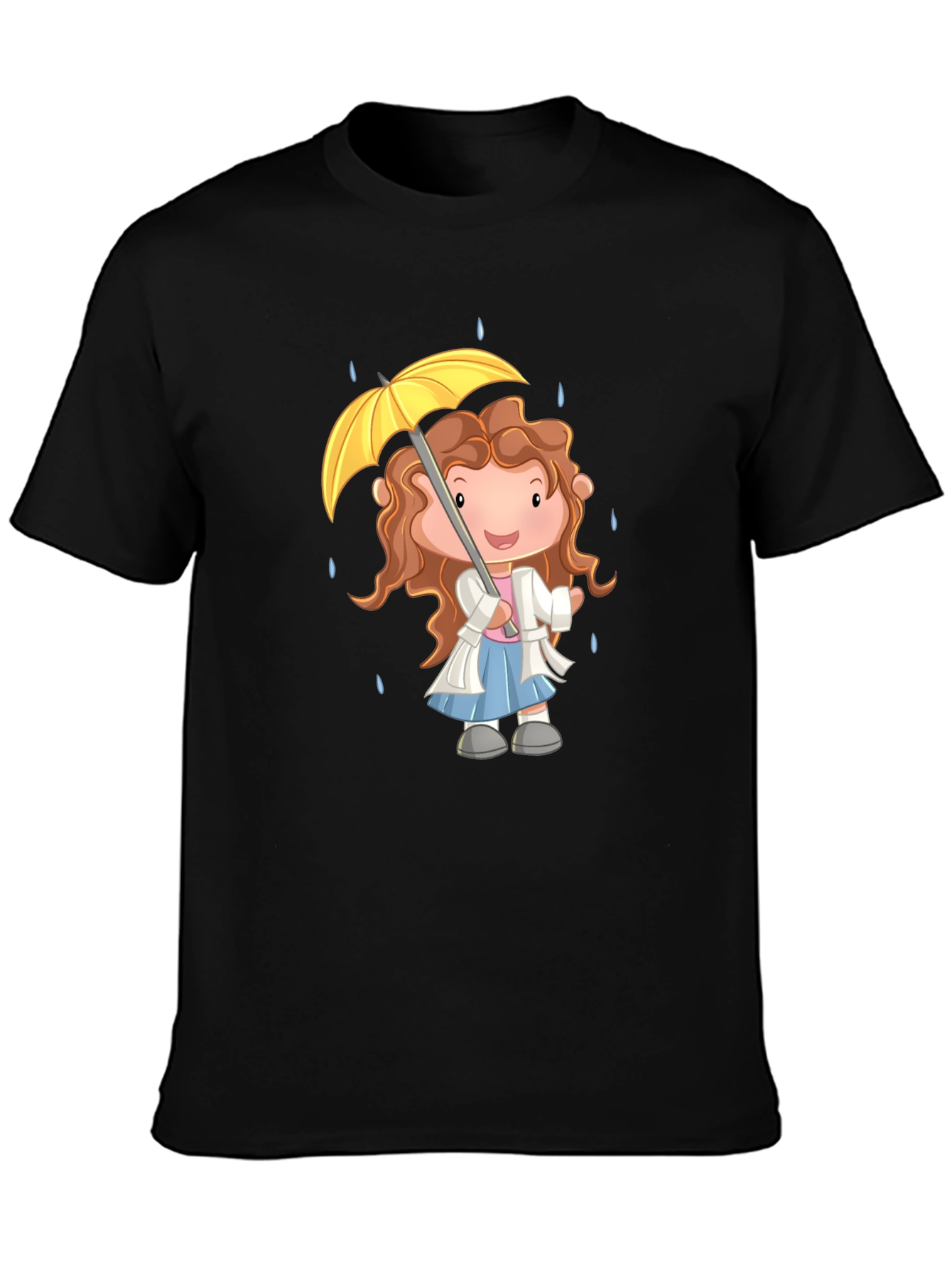 Cartoon Girl Umbrella Graphic Black T-Shirt