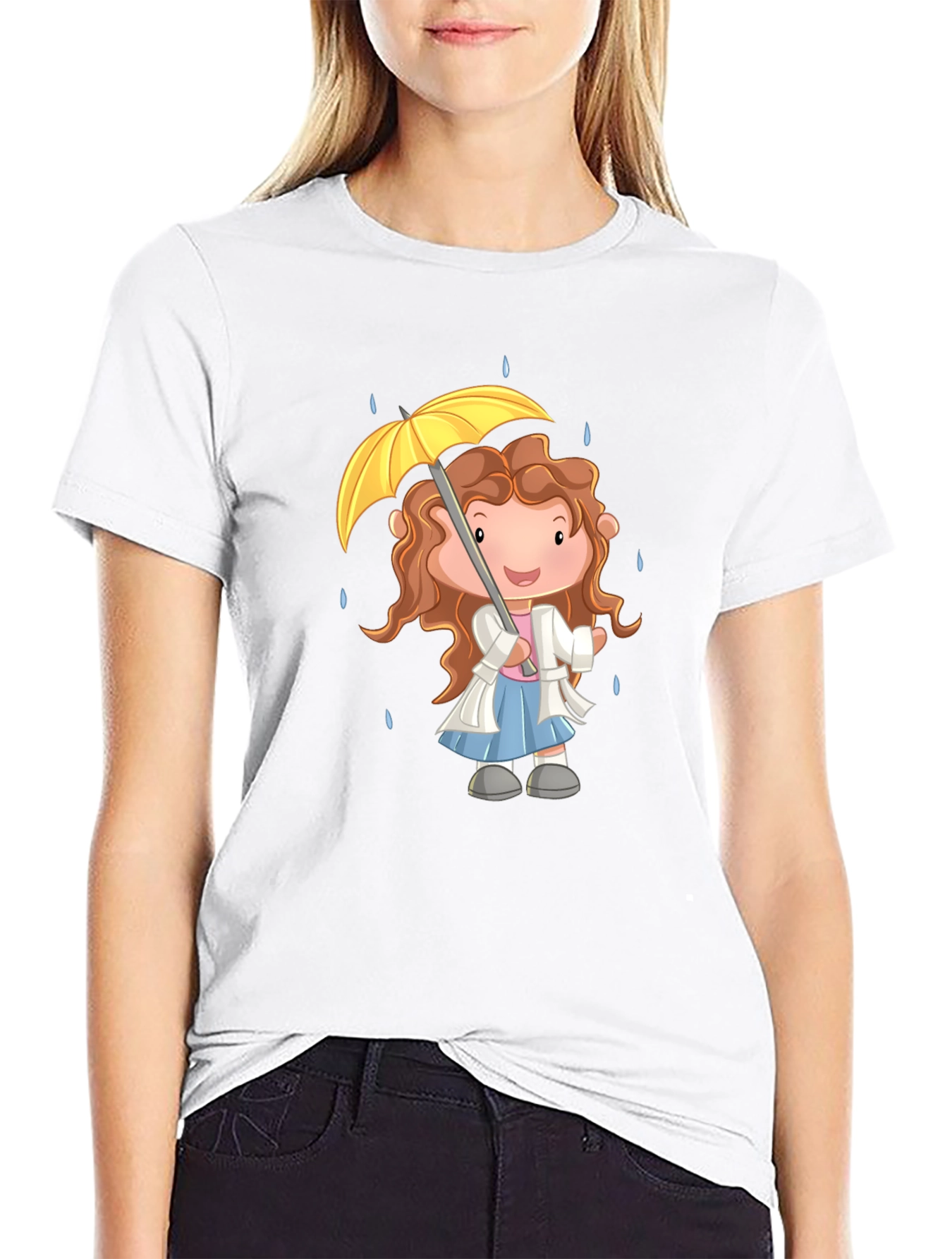 Cartoon Girl Umbrella Graphic Black T-Shirt