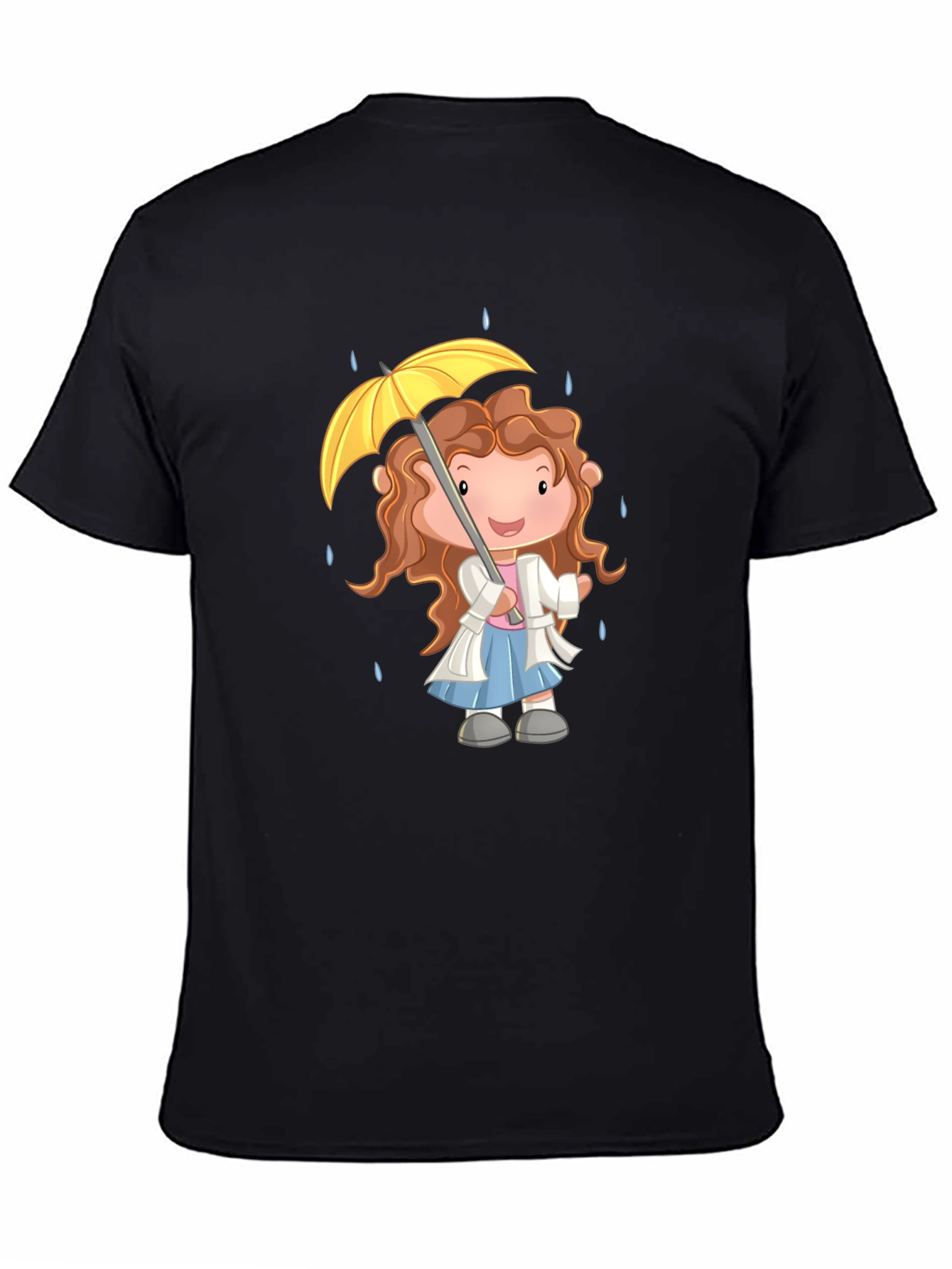 Cartoon Girl Umbrella Graphic Black T-Shirt