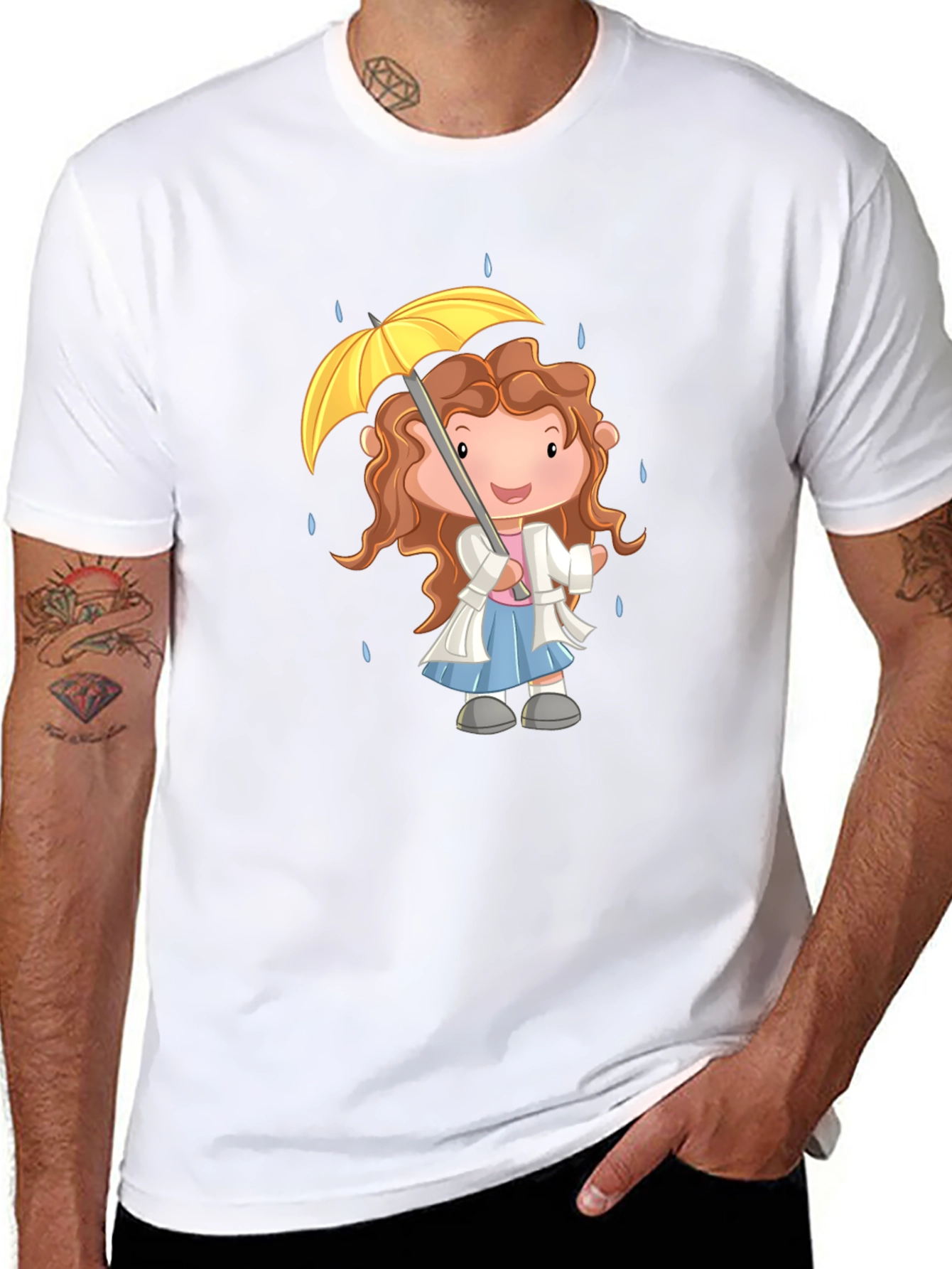 Cartoon Girl Umbrella Graphic Black T-Shirt