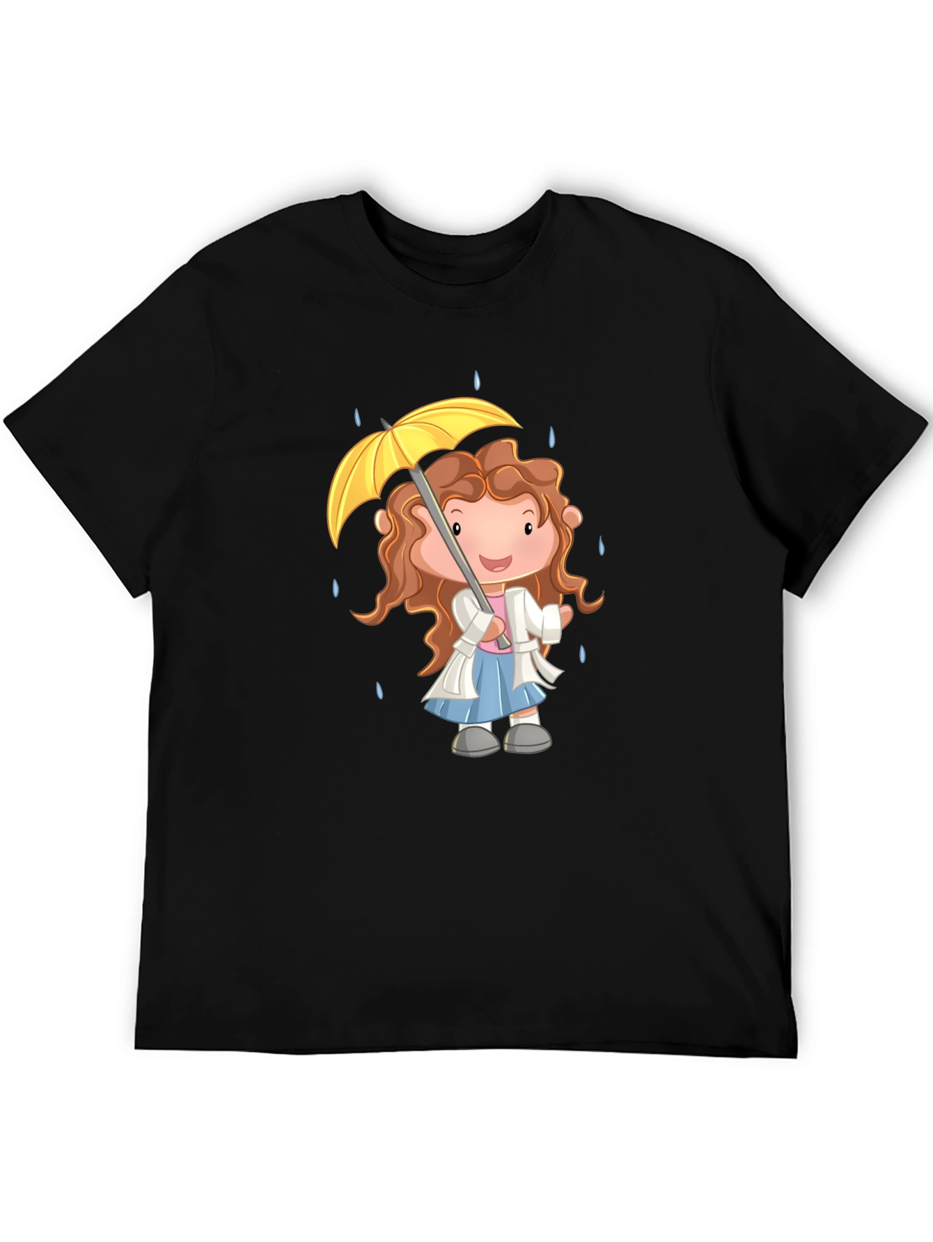 Cartoon Girl Umbrella Graphic Black T-Shirt