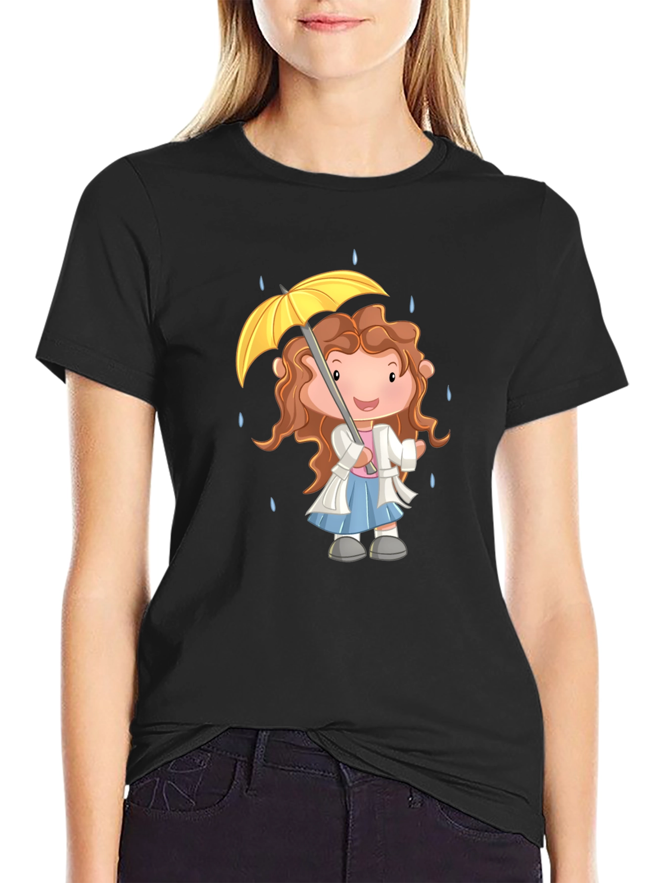 Cartoon Girl Umbrella Graphic Black T-Shirt
