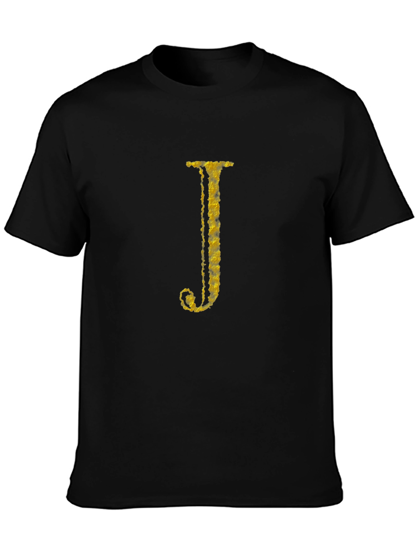 Letter J Gold Texture Print Black T-Shirt