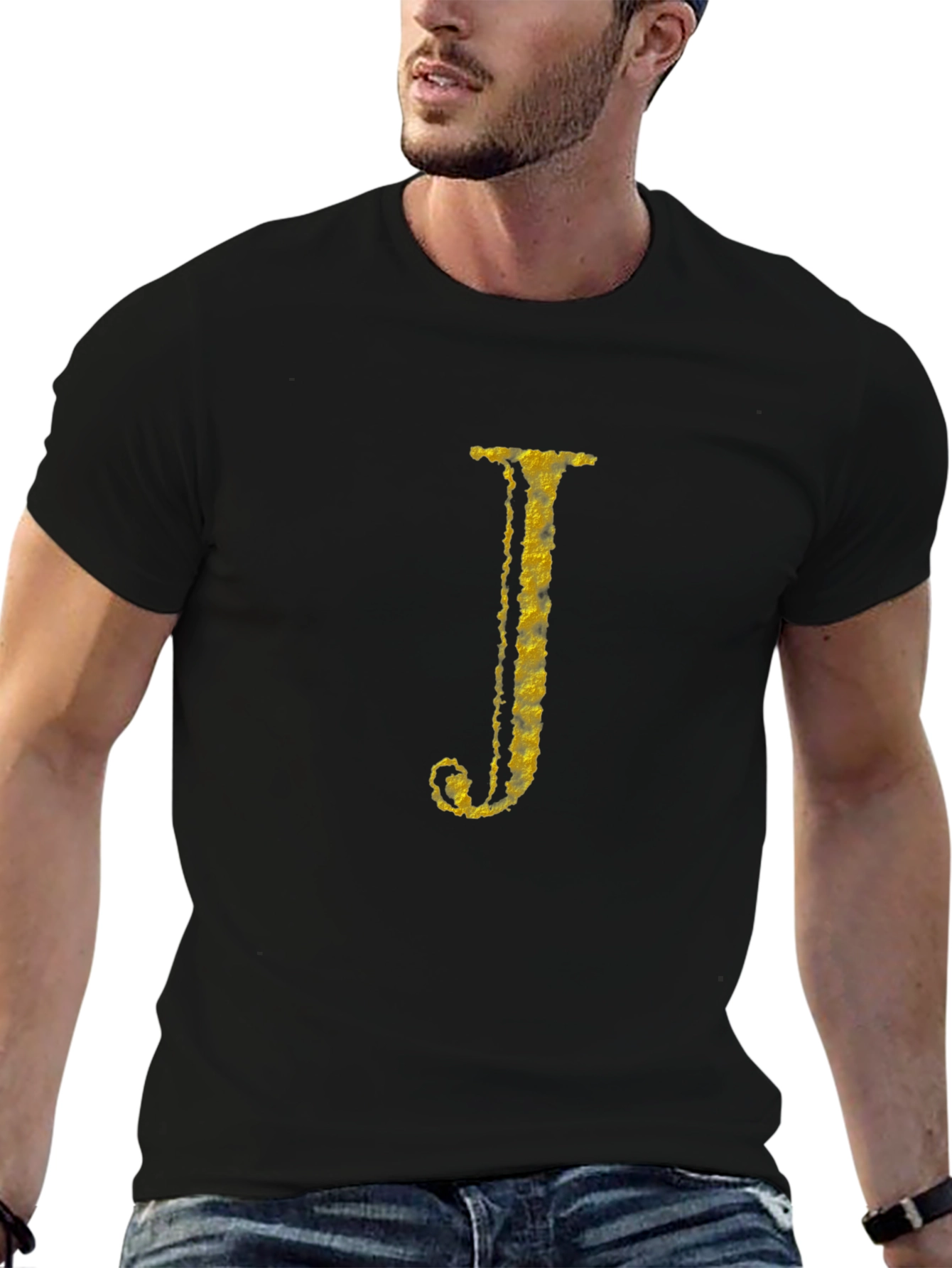Letter J Gold Texture Print Black T-Shirt