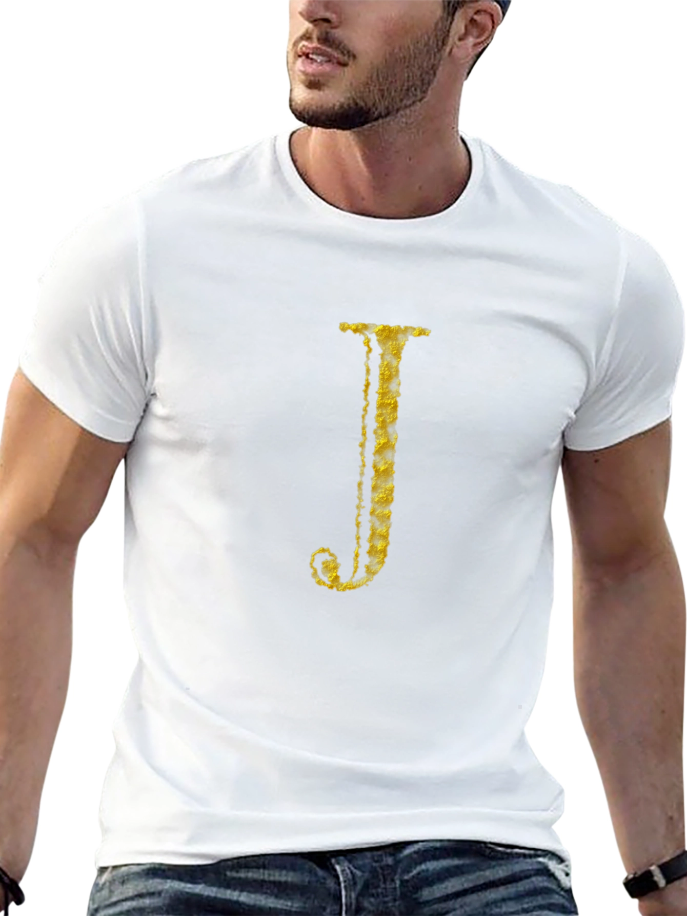 Letter J Gold Texture Print Black T-Shirt