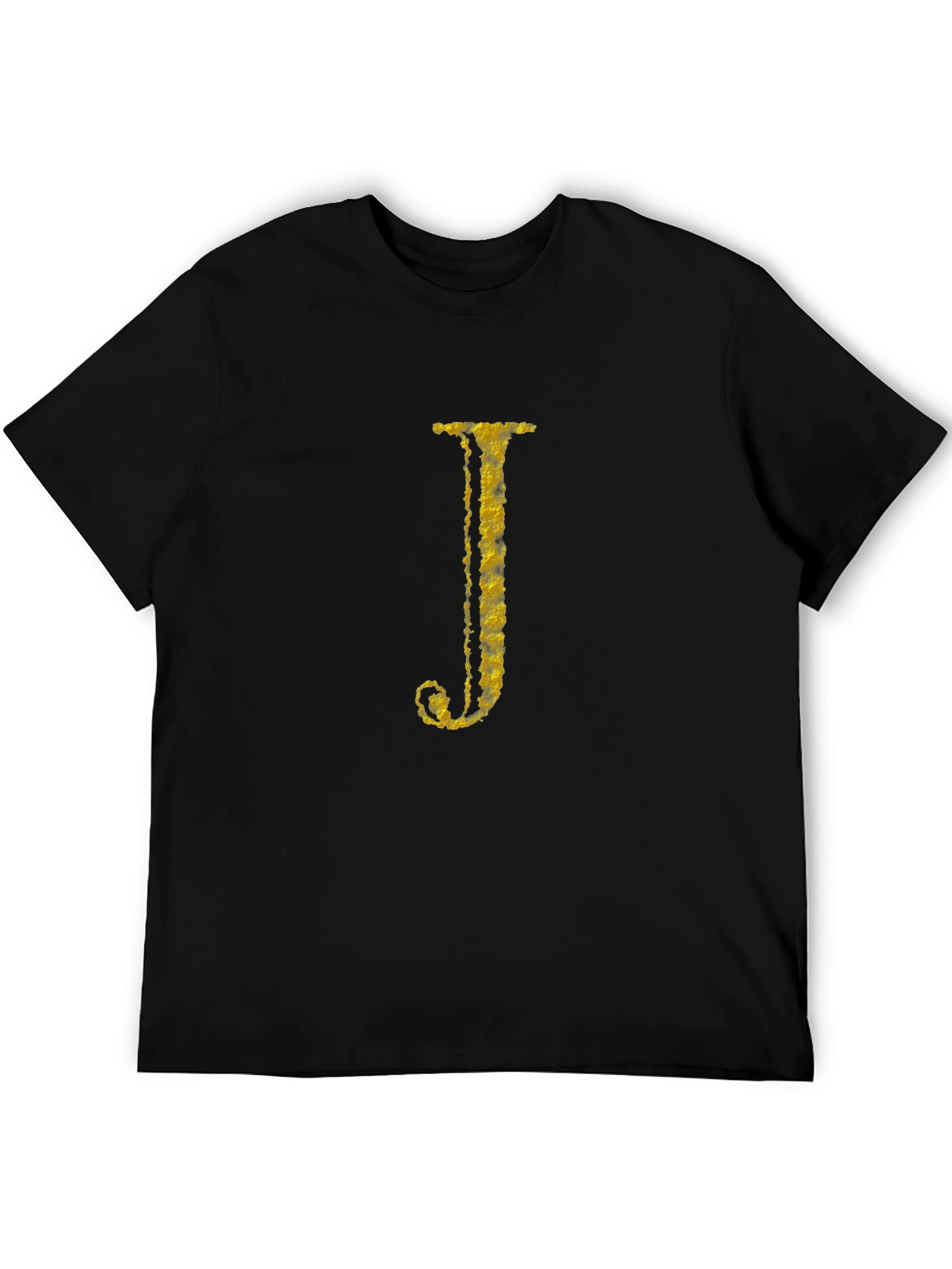 Letter J Gold Texture Print Black T-Shirt