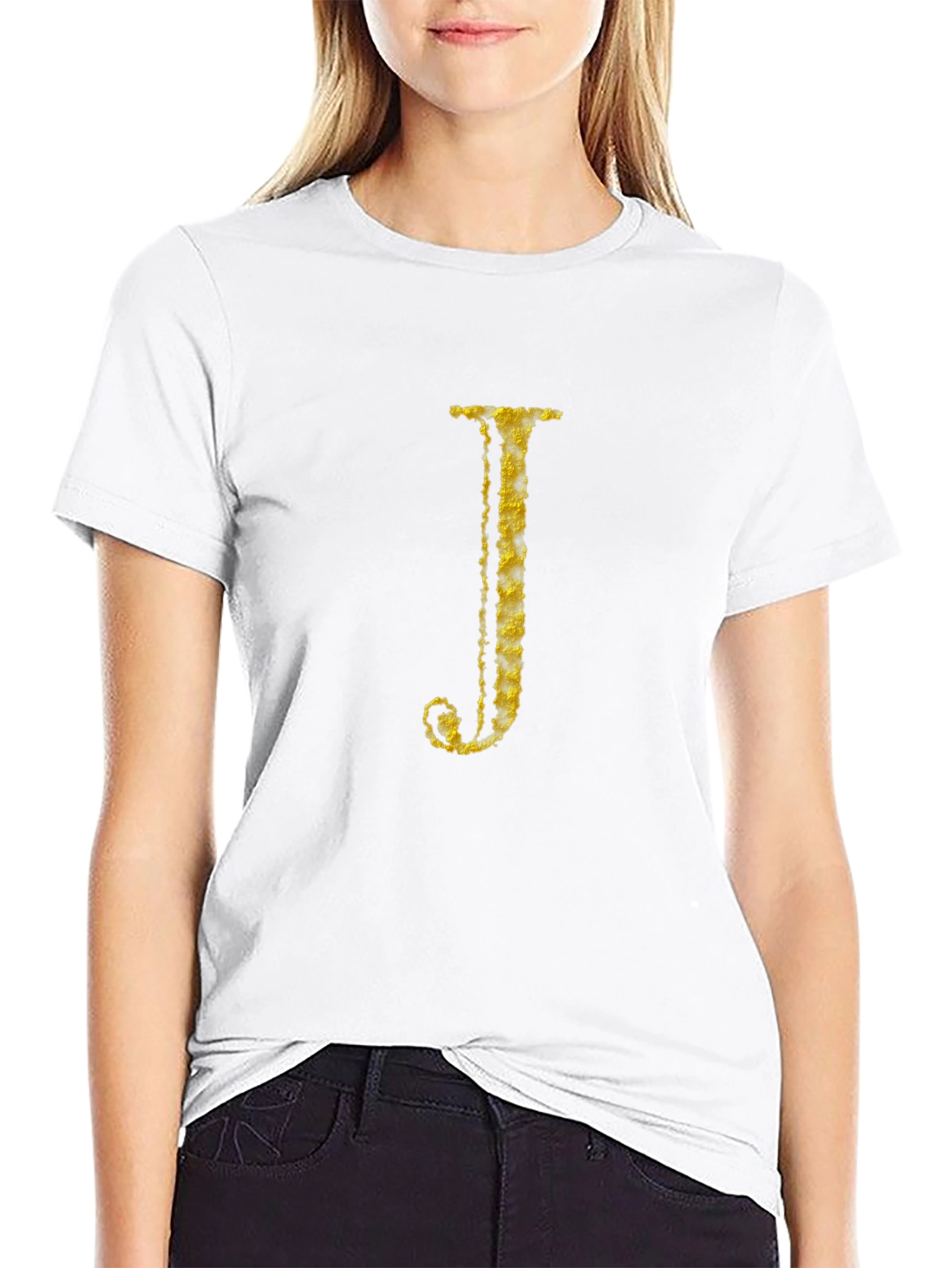Letter J Gold Texture Print Black T-Shirt