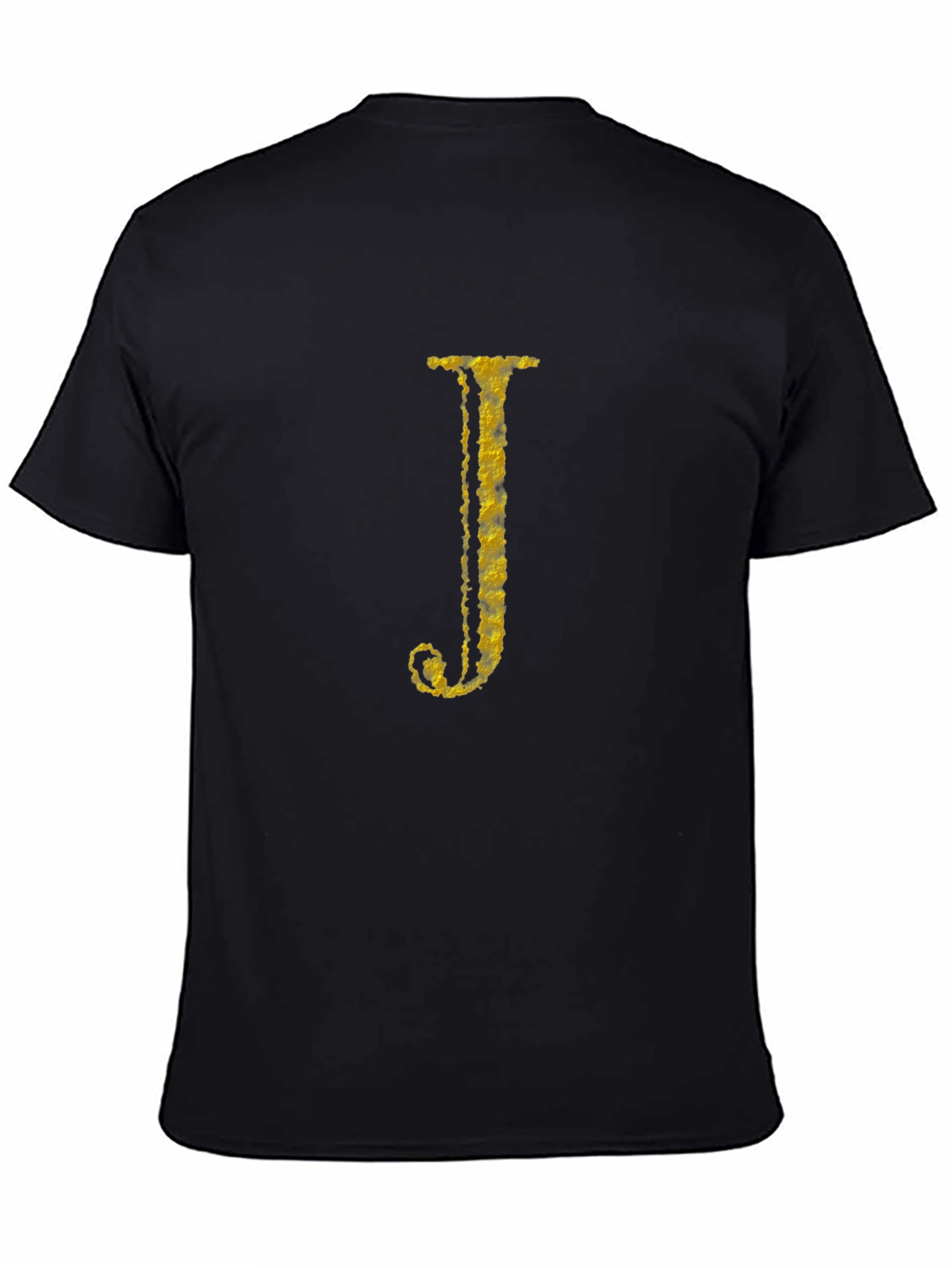 Letter J Gold Texture Print Black T-Shirt