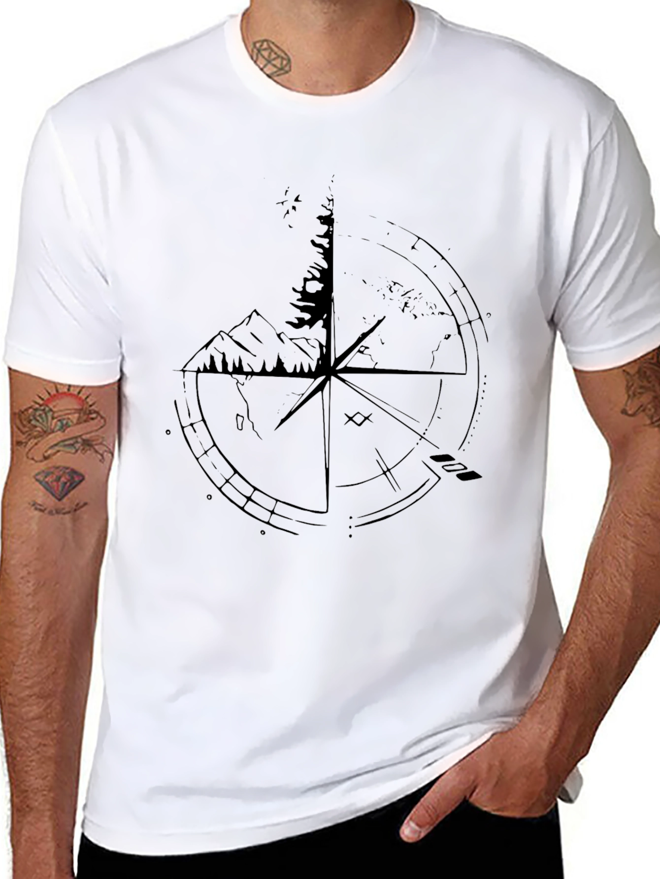 Compass & Nature Graphic Print Black T-Shirt