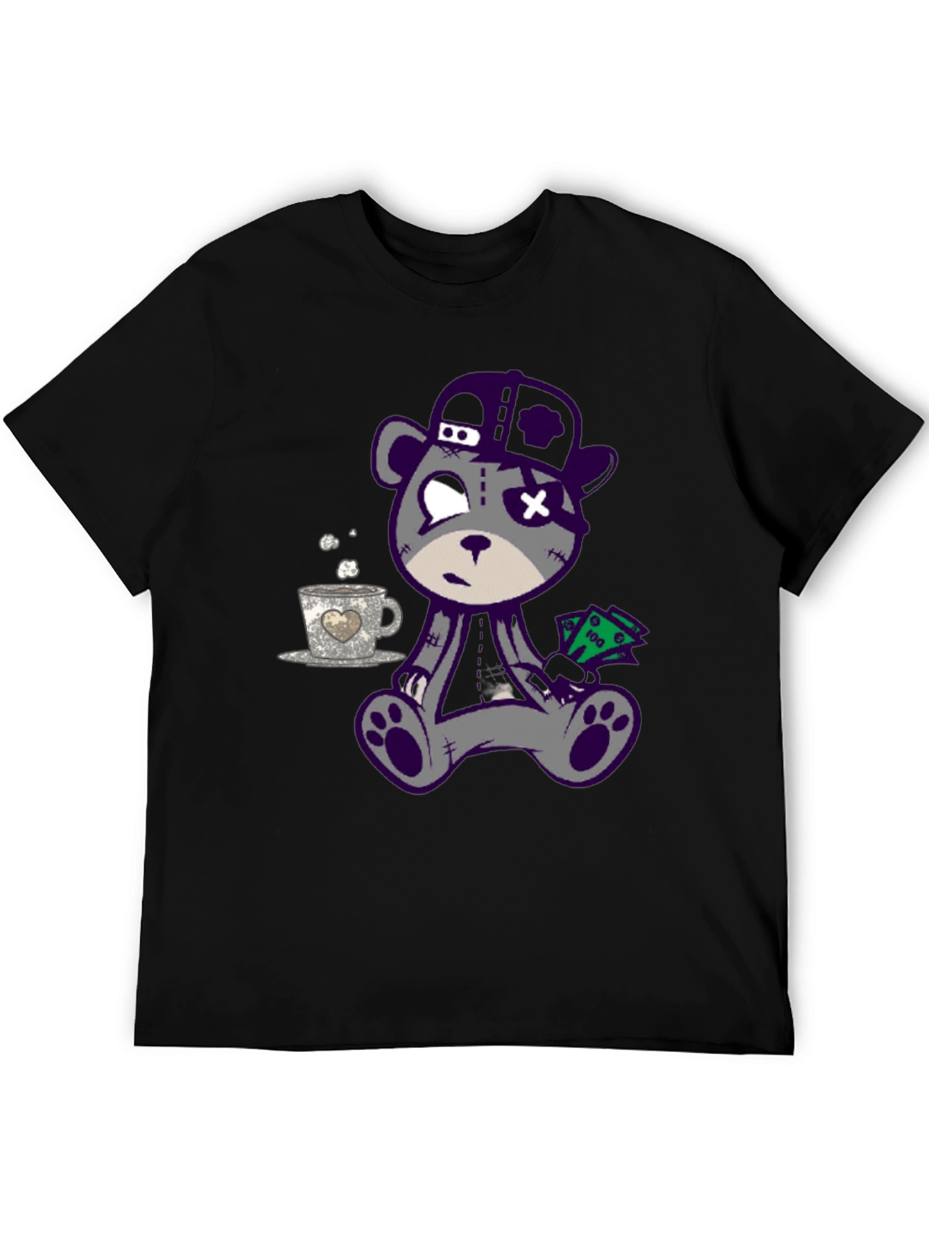 Cool Cartoon Bear Graphic Print Black T-Shirt