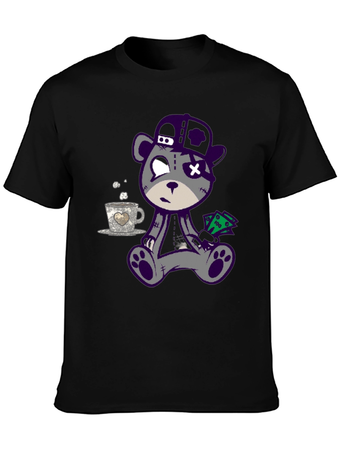 Cool Cartoon Bear Graphic Print Black T-Shirt