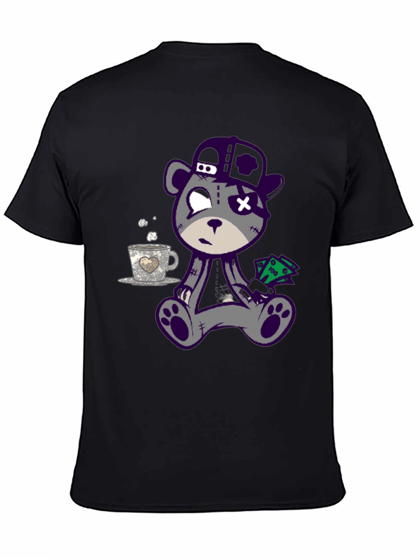 Cool Cartoon Bear Graphic Print Black T-Shirt