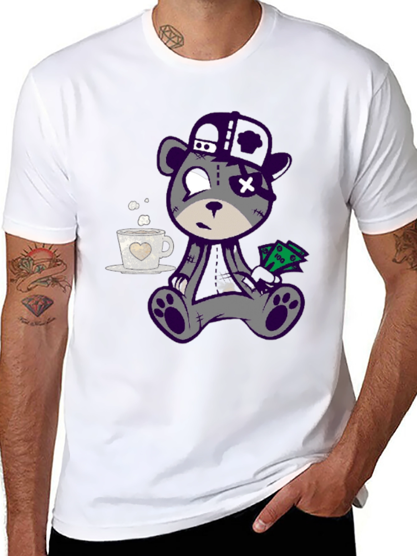 Cool Cartoon Bear Graphic Print Black T-Shirt