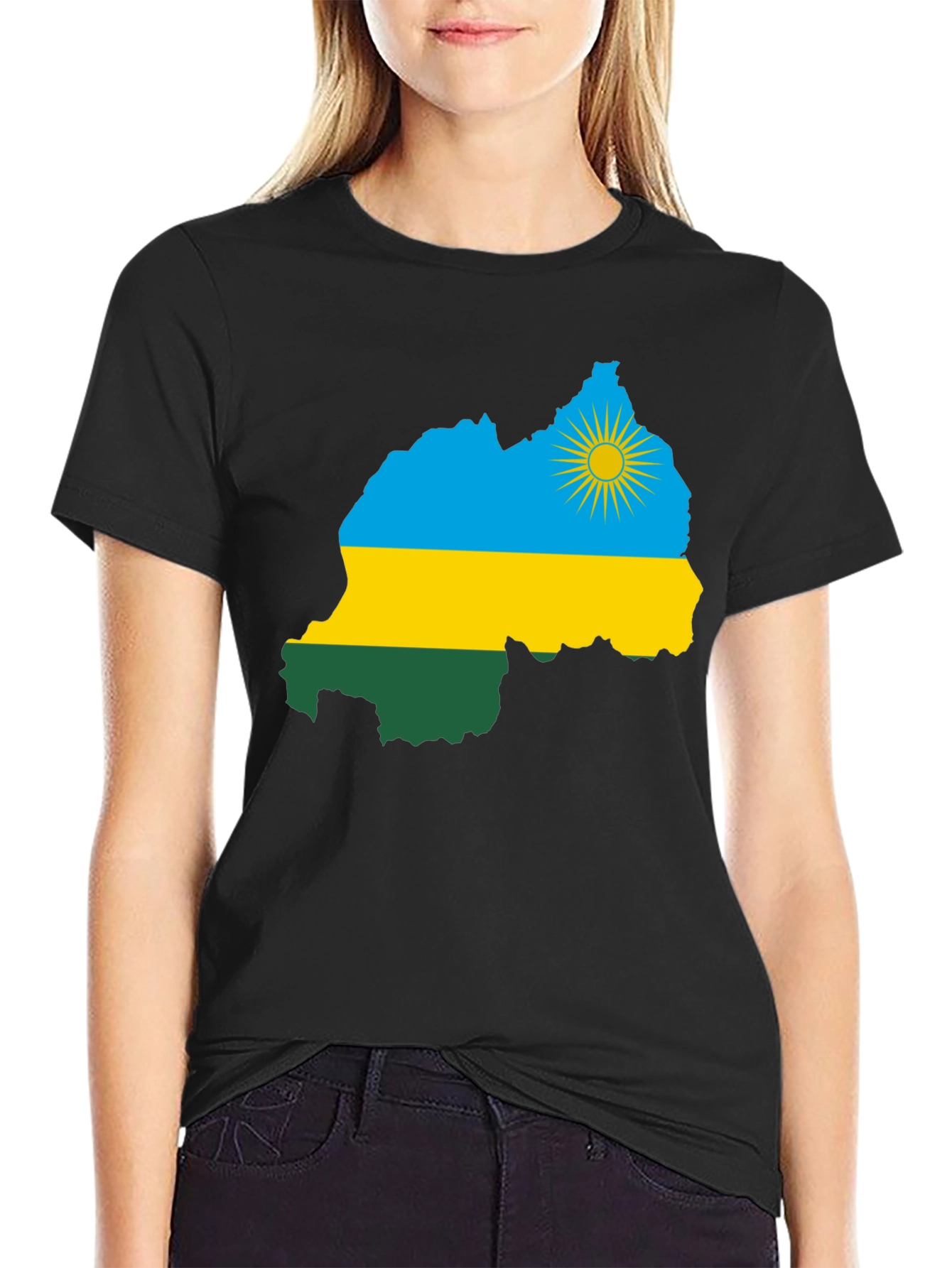 Rwanda Flag Map Black T-Shirt