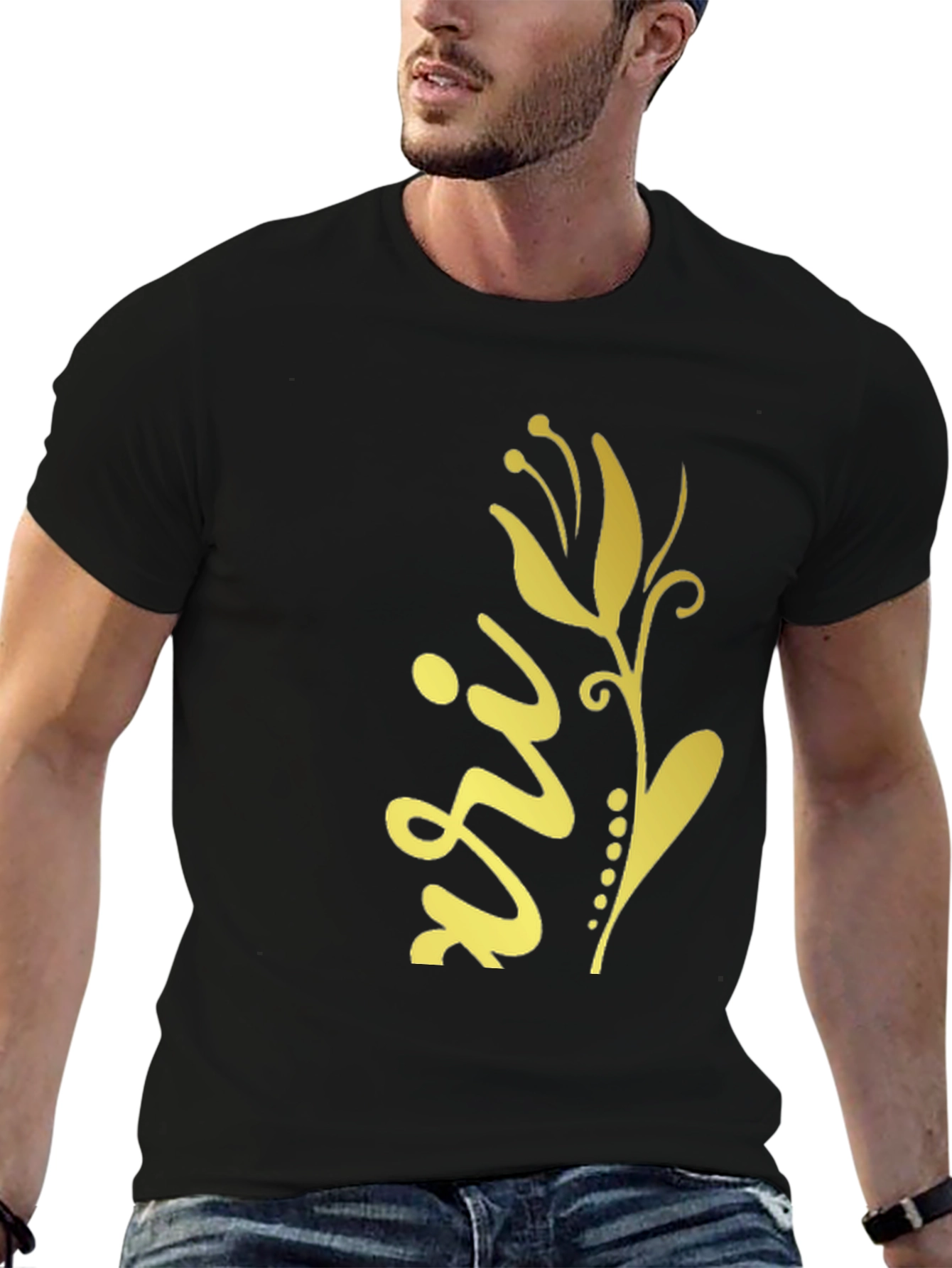 Stylish Black Tee with Gold Floral Design