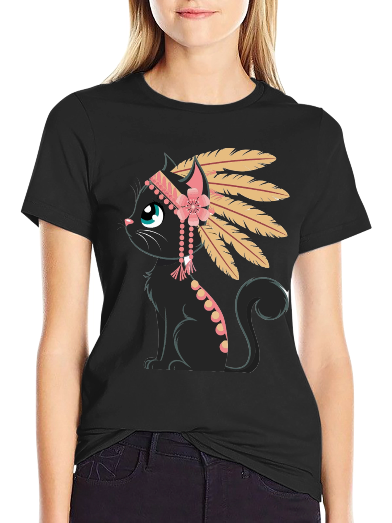 Indian Cat T-Shirt - Black Tee with Graphic
