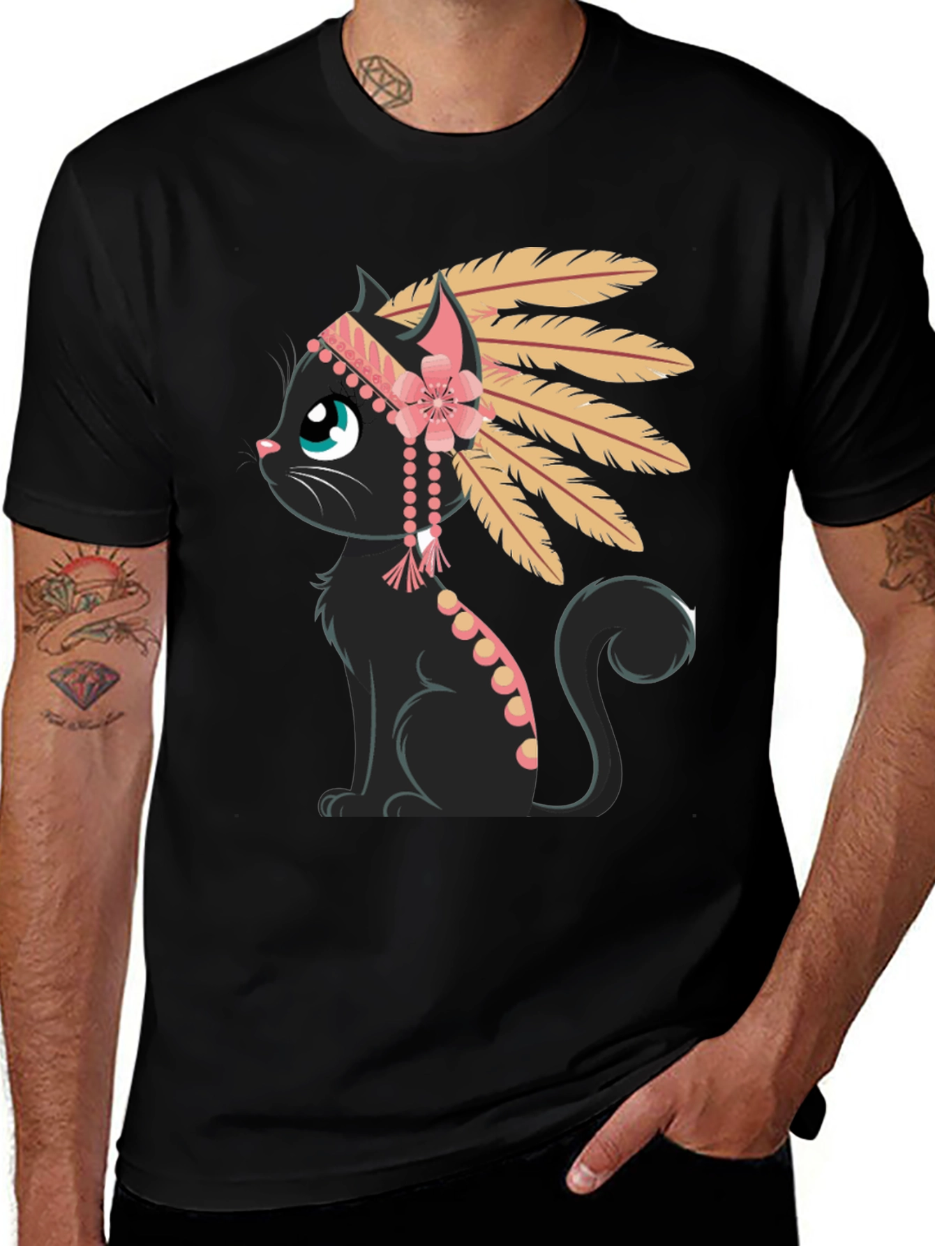 Indian Cat T-Shirt - Black Tee with Graphic