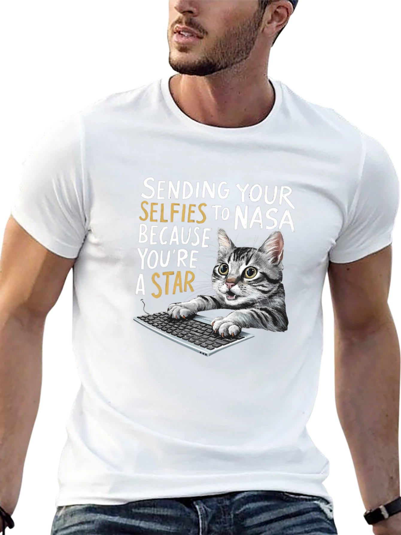 Funny Cat T-Shirt - Sending Selfies to NASA