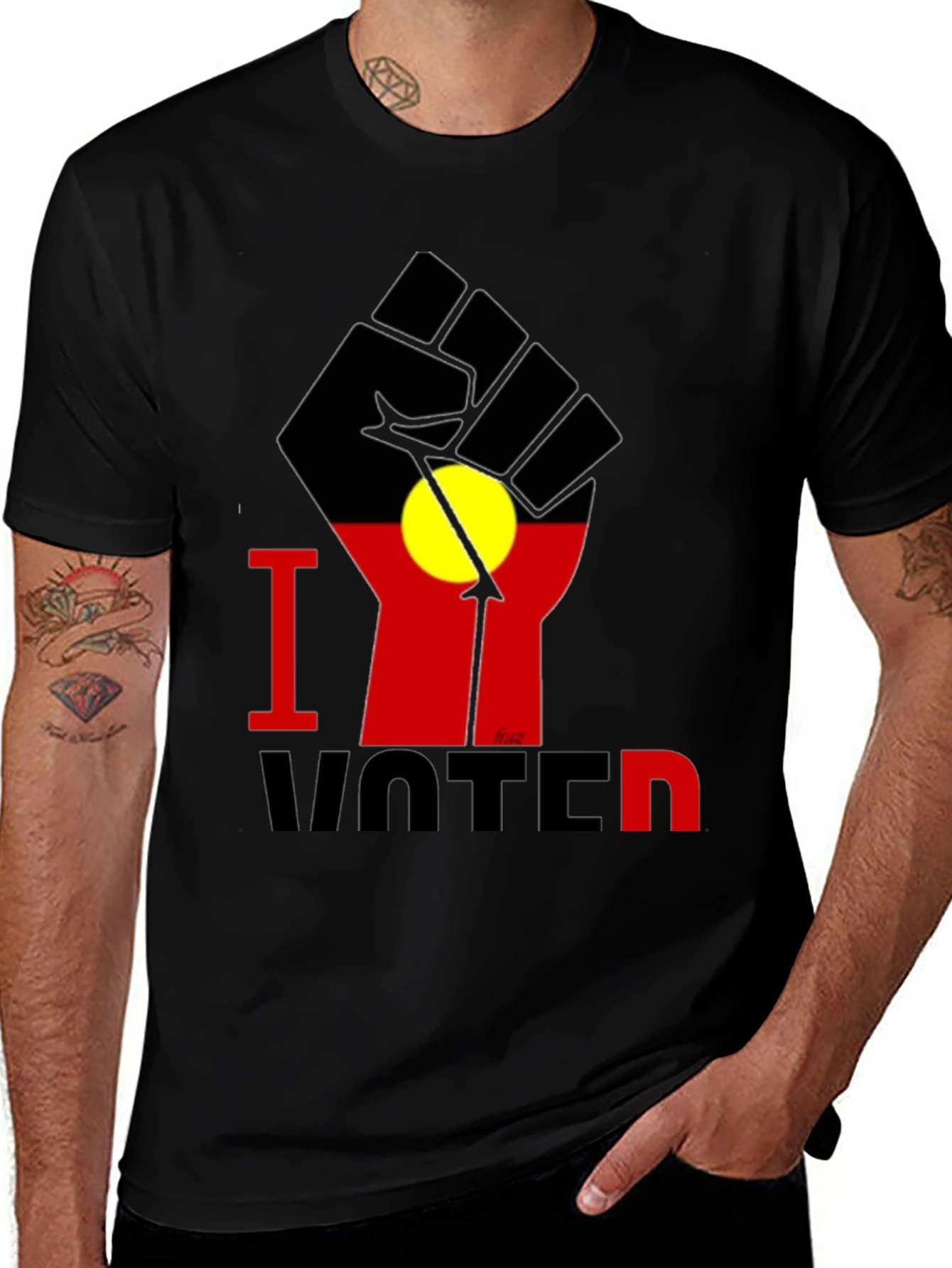 I Voted T-Shirt - Aboriginal Flag Fist Design