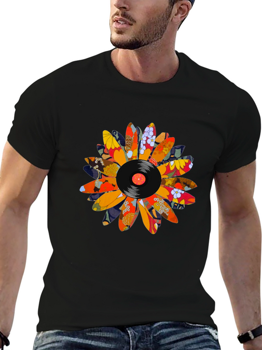 Retro Vinyl Flower Graphic Tee - Black Cotton Blend