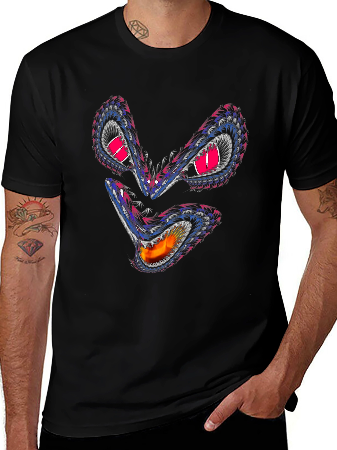 Mens Black T-Shirt with Angry Monster Graphic