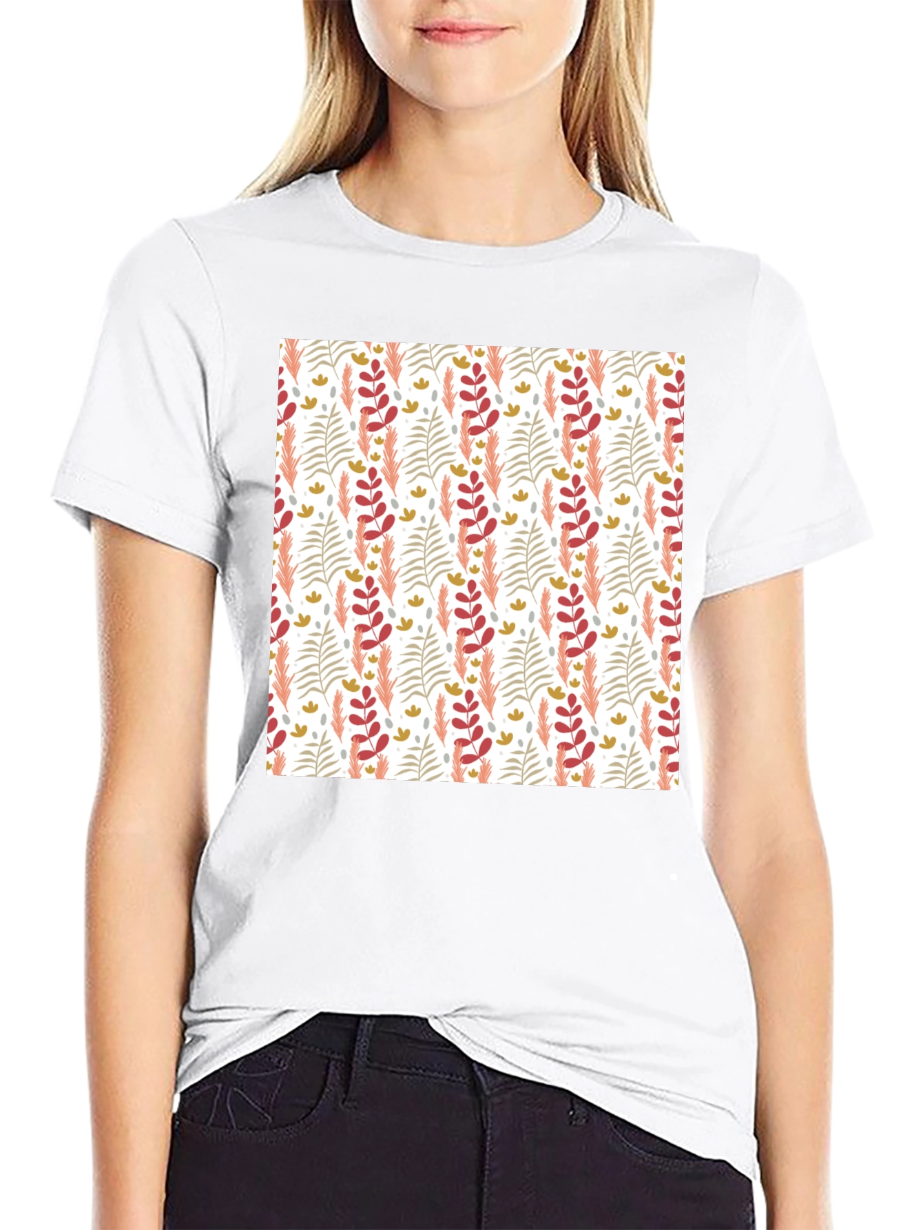 Patterned Leaf Print Crew Neck T-Shirt