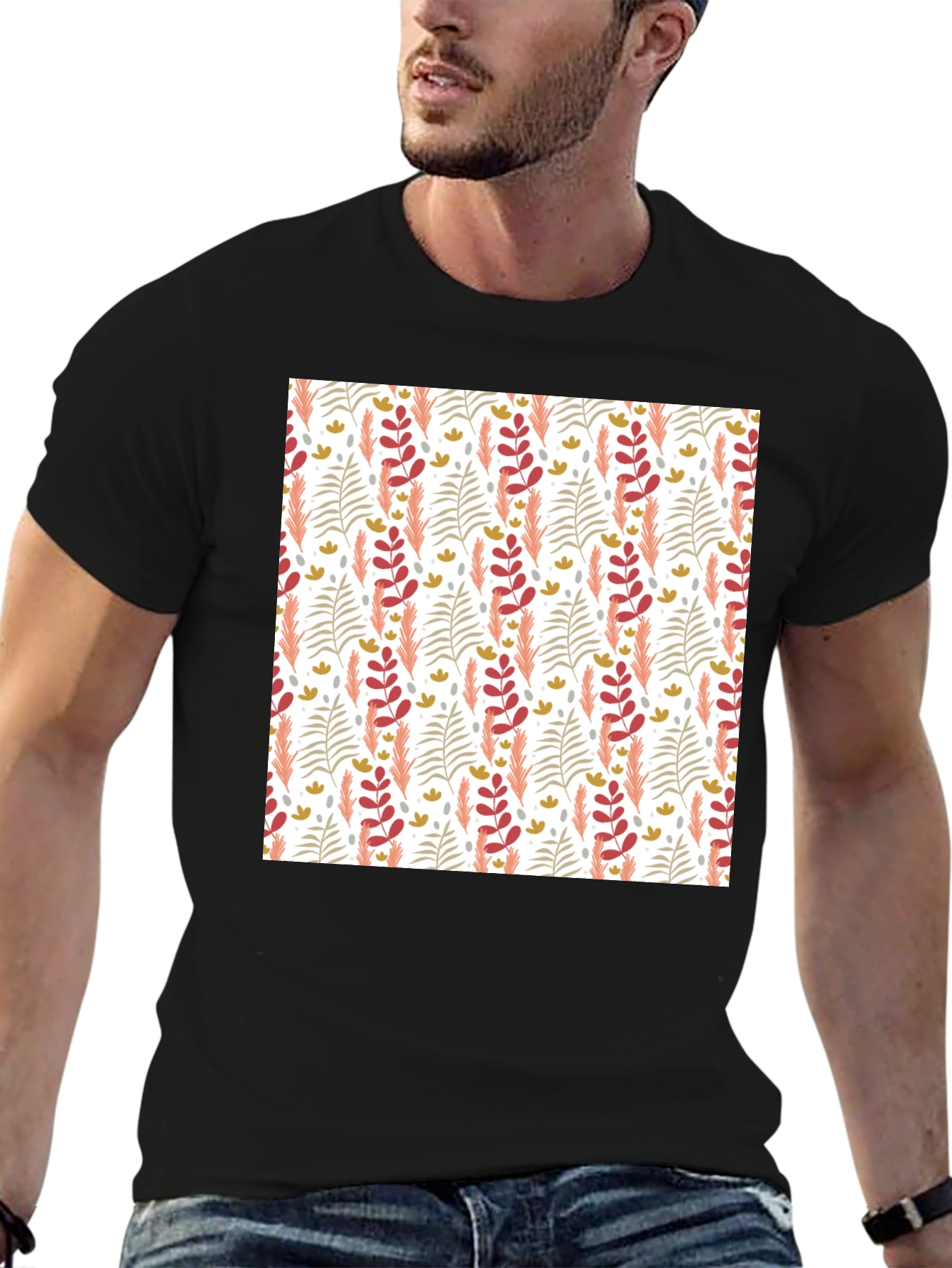 Patterned Leaf Print Crew Neck T-Shirt