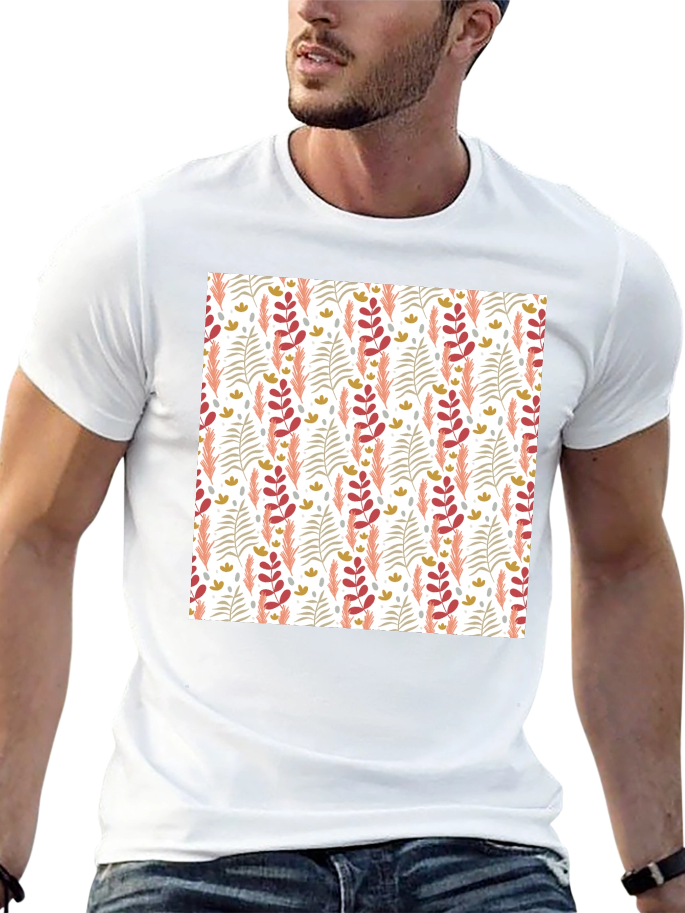 Patterned Leaf Print Crew Neck T-Shirt