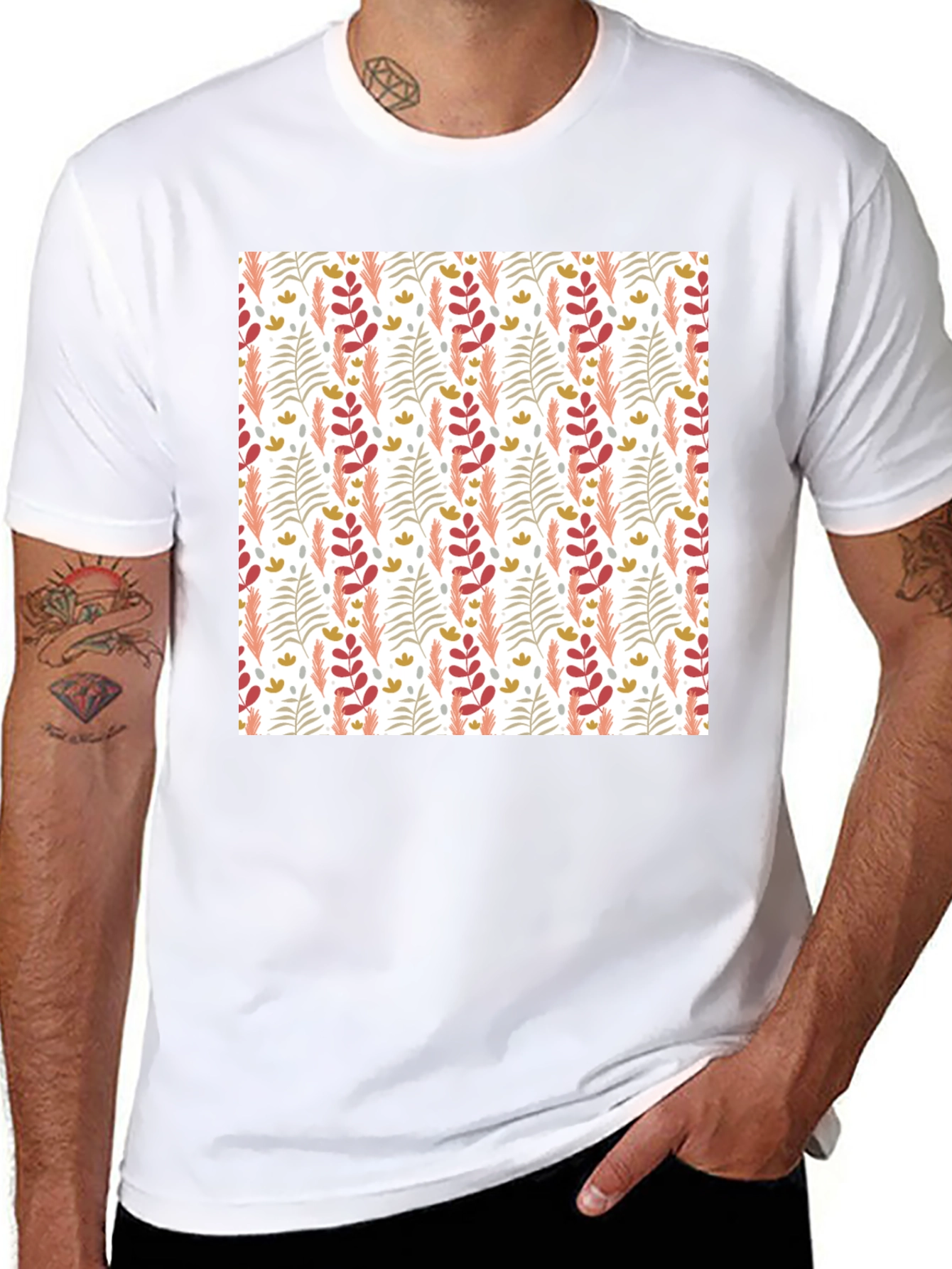 Patterned Leaf Print Crew Neck T-Shirt
