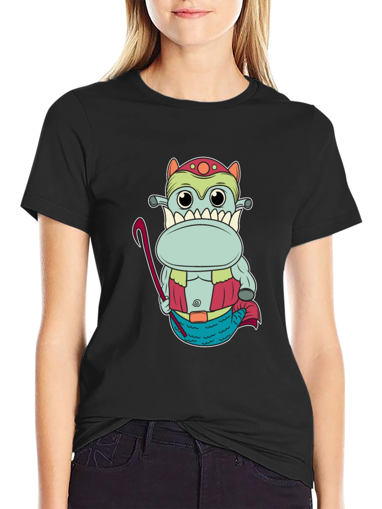 Funny Cartoon Creature Graphic Tee - Black
