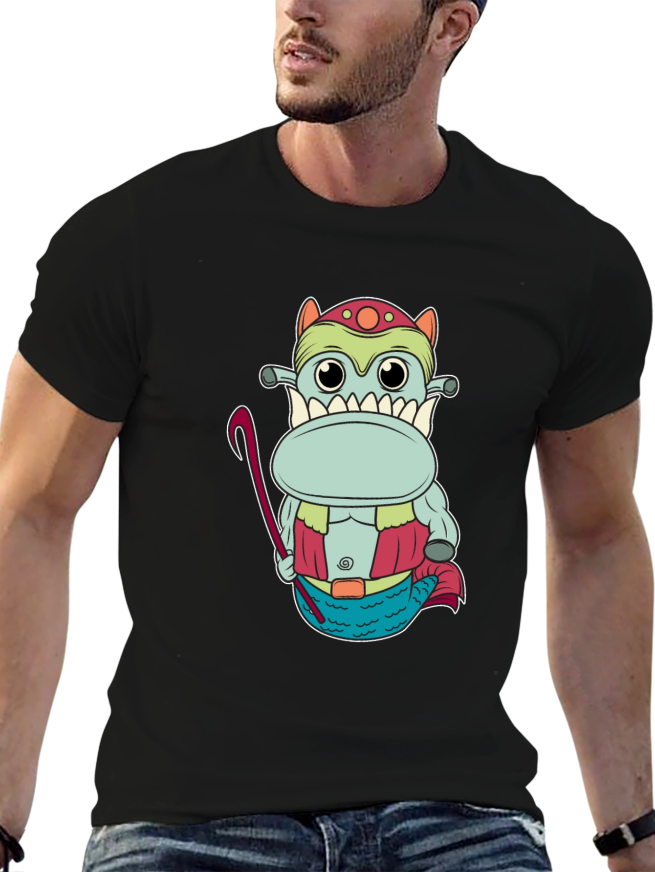 Funny Cartoon Creature Graphic Tee - Black