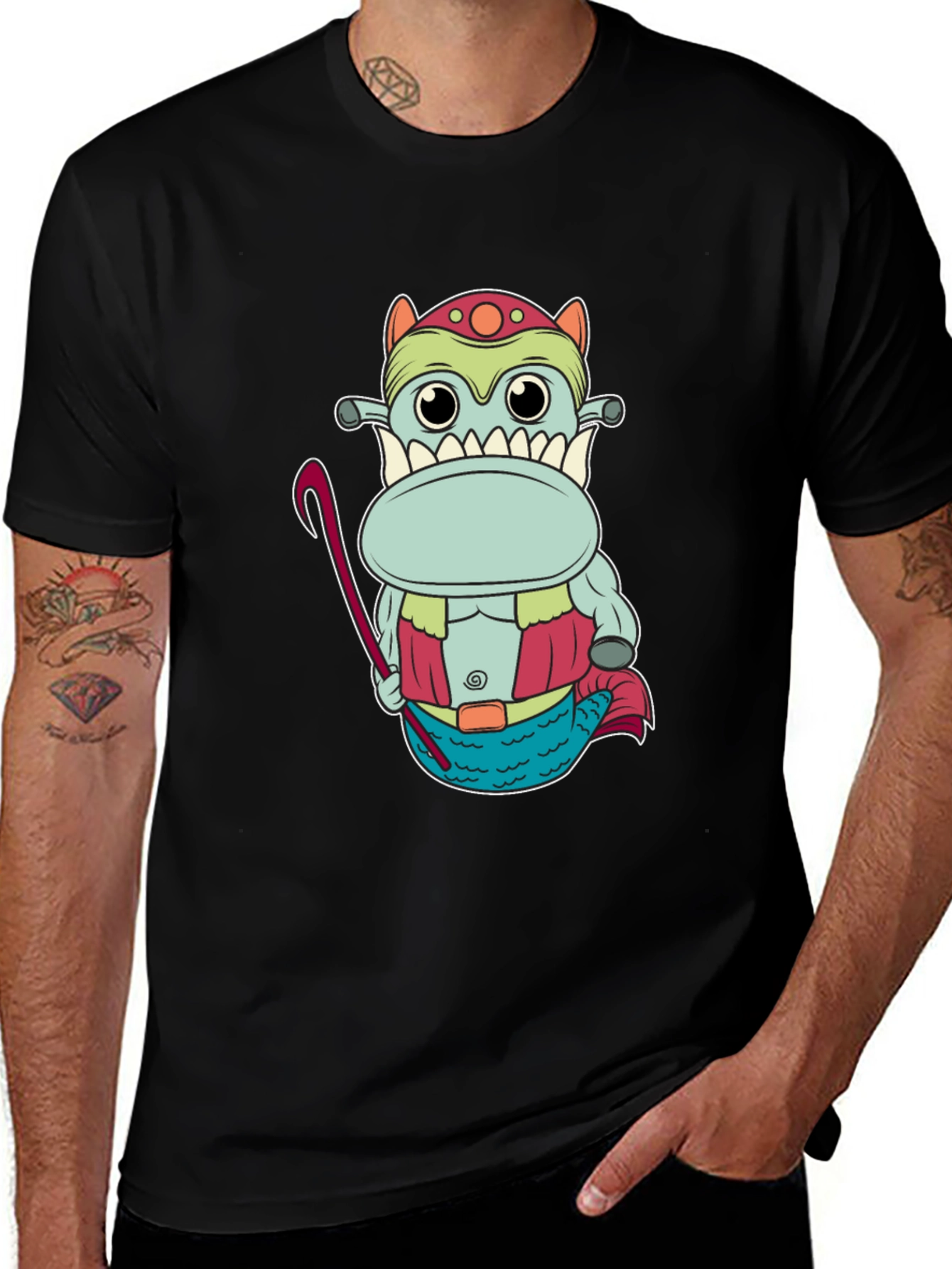 Funny Cartoon Creature Graphic Tee - Black
