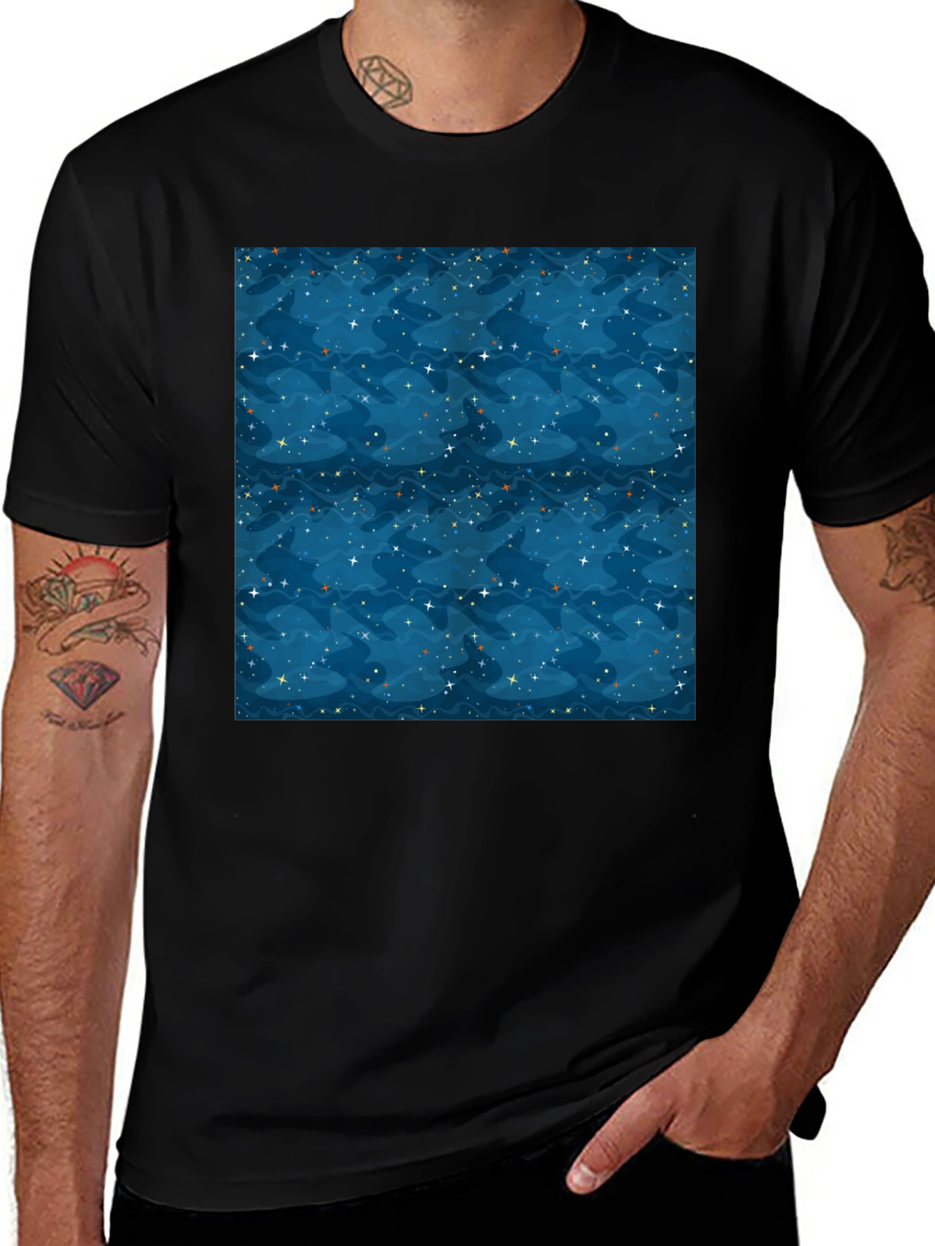 Starry Night Pattern Black T-Shirt