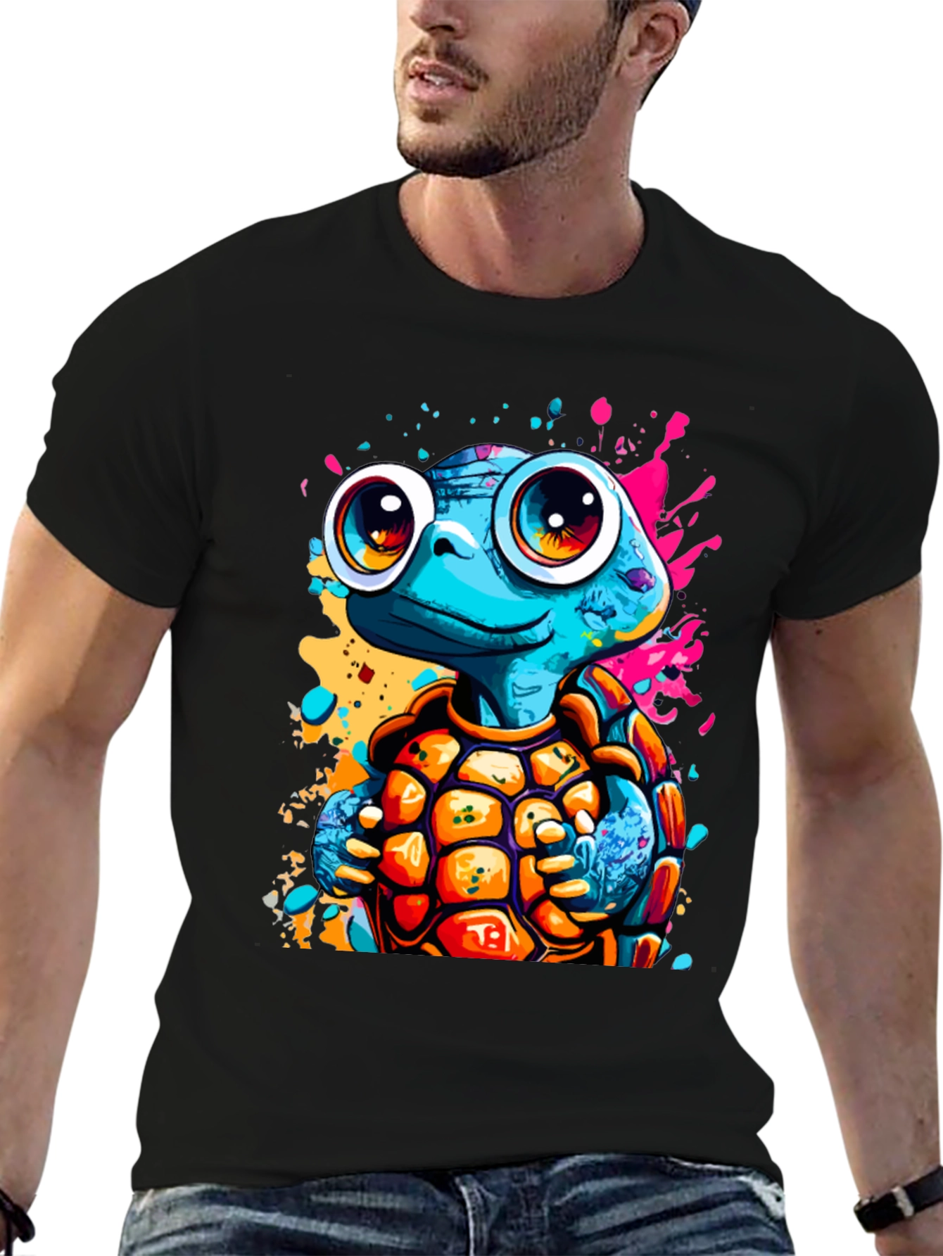 Cartoon Turtle Graphic Tee - Fun Black T-Shirt