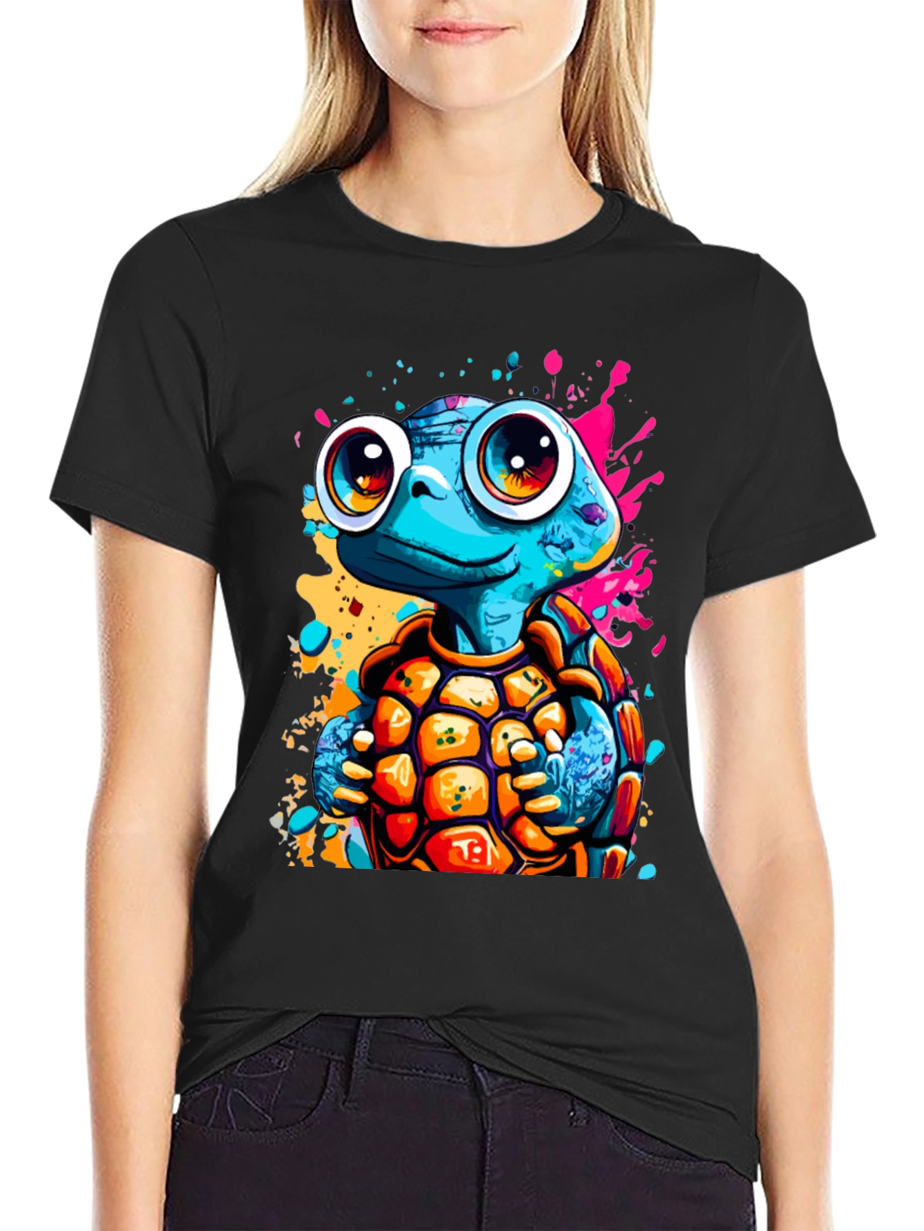 Cartoon Turtle Graphic Tee - Fun Black T-Shirt