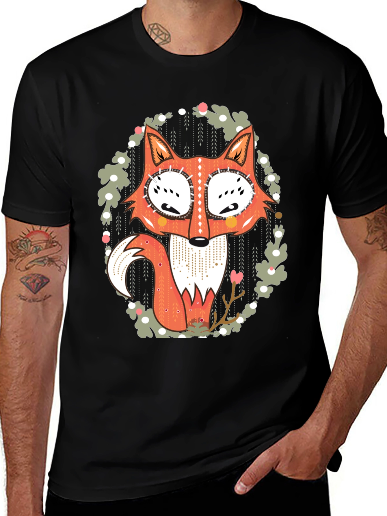 Whimsical Fox Graphic Tee - Mens Black T-Shirt
