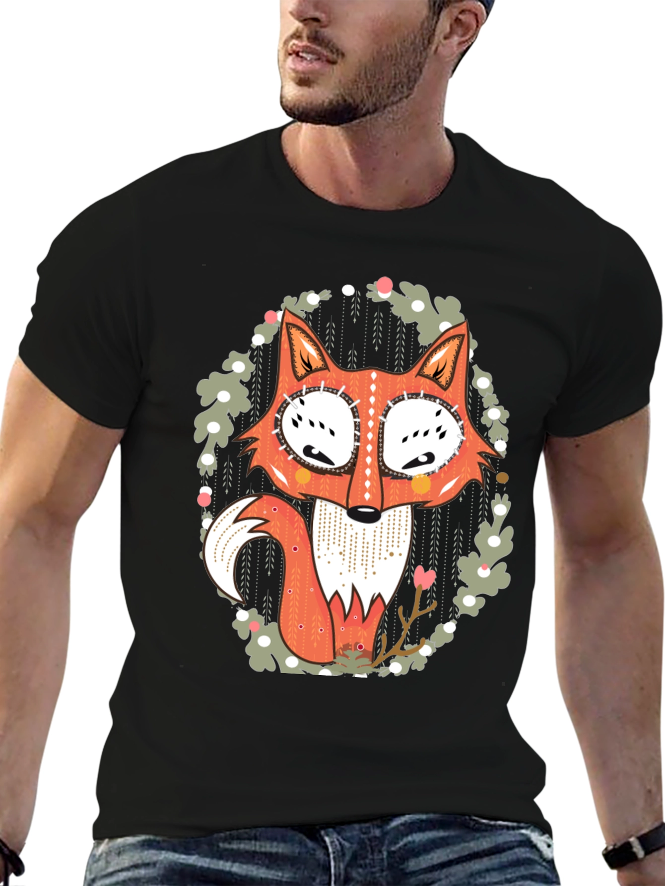 Whimsical Fox Graphic Tee - Mens Black T-Shirt