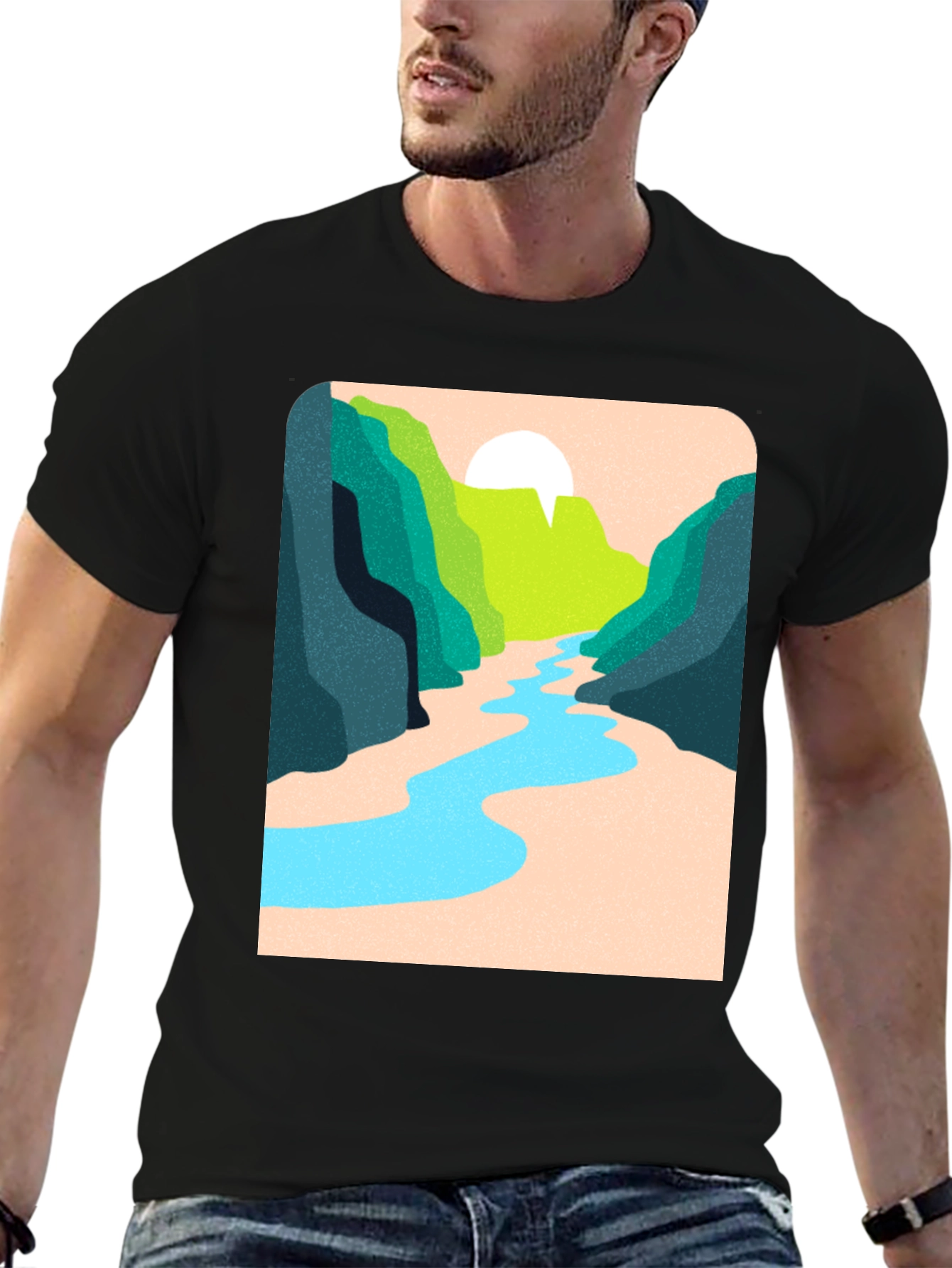 Nature River Graphic Tee - Unisex Casual Black T-Shirt