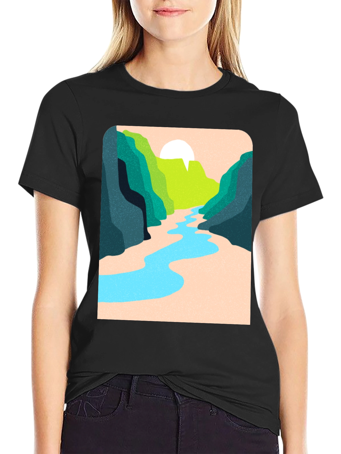 Nature River Graphic Tee - Unisex Casual Black T-Shirt