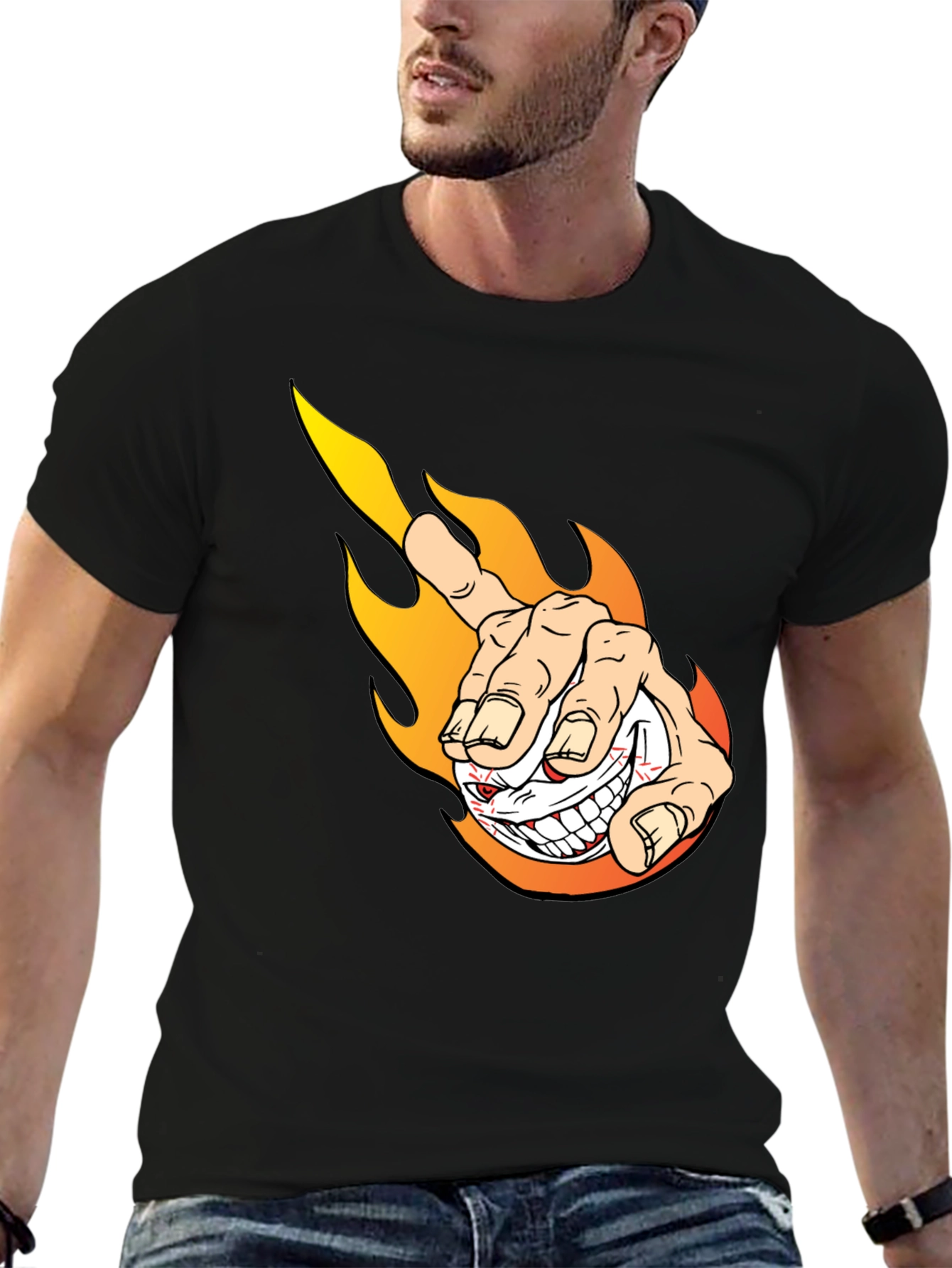 Fiery Finger Point Graphic Tee - Bold Black T-Shirt