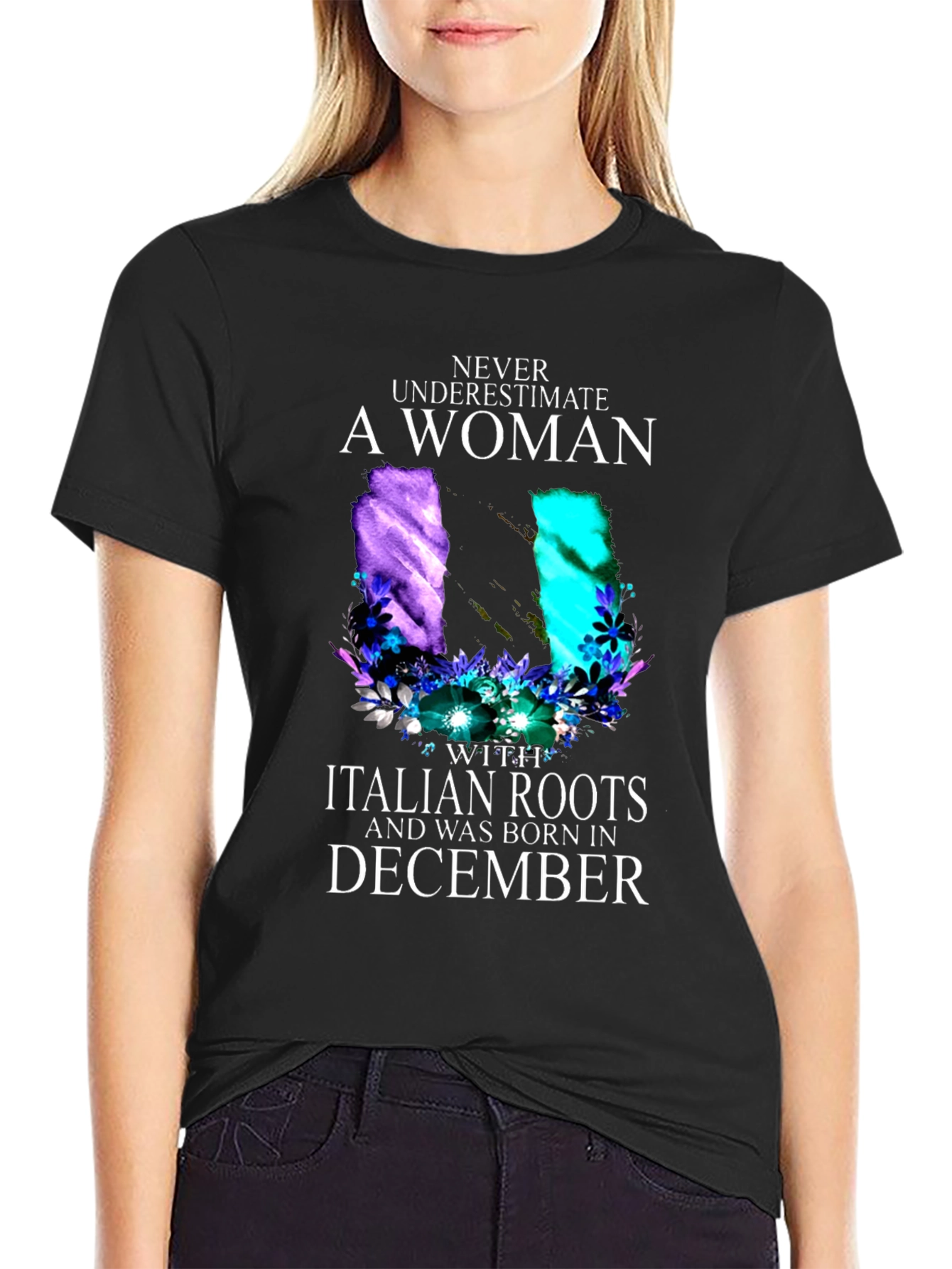 Italian Roots Womans December Birthday Black T-Shirt