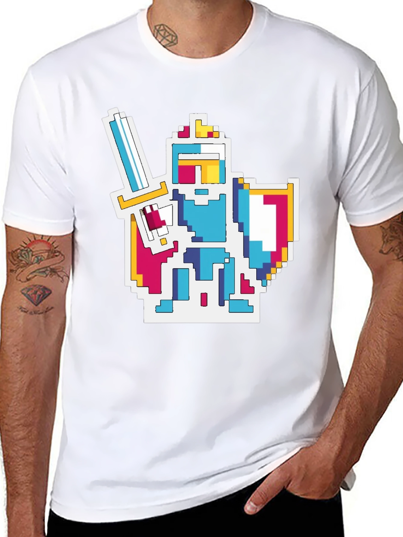 Pixel Knight Graphic Tee - Black Cotton Blend T-Shirt