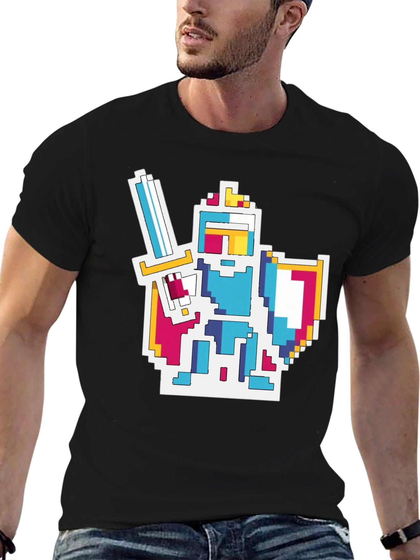Pixel Knight Graphic Tee - Black Cotton Blend T-Shirt