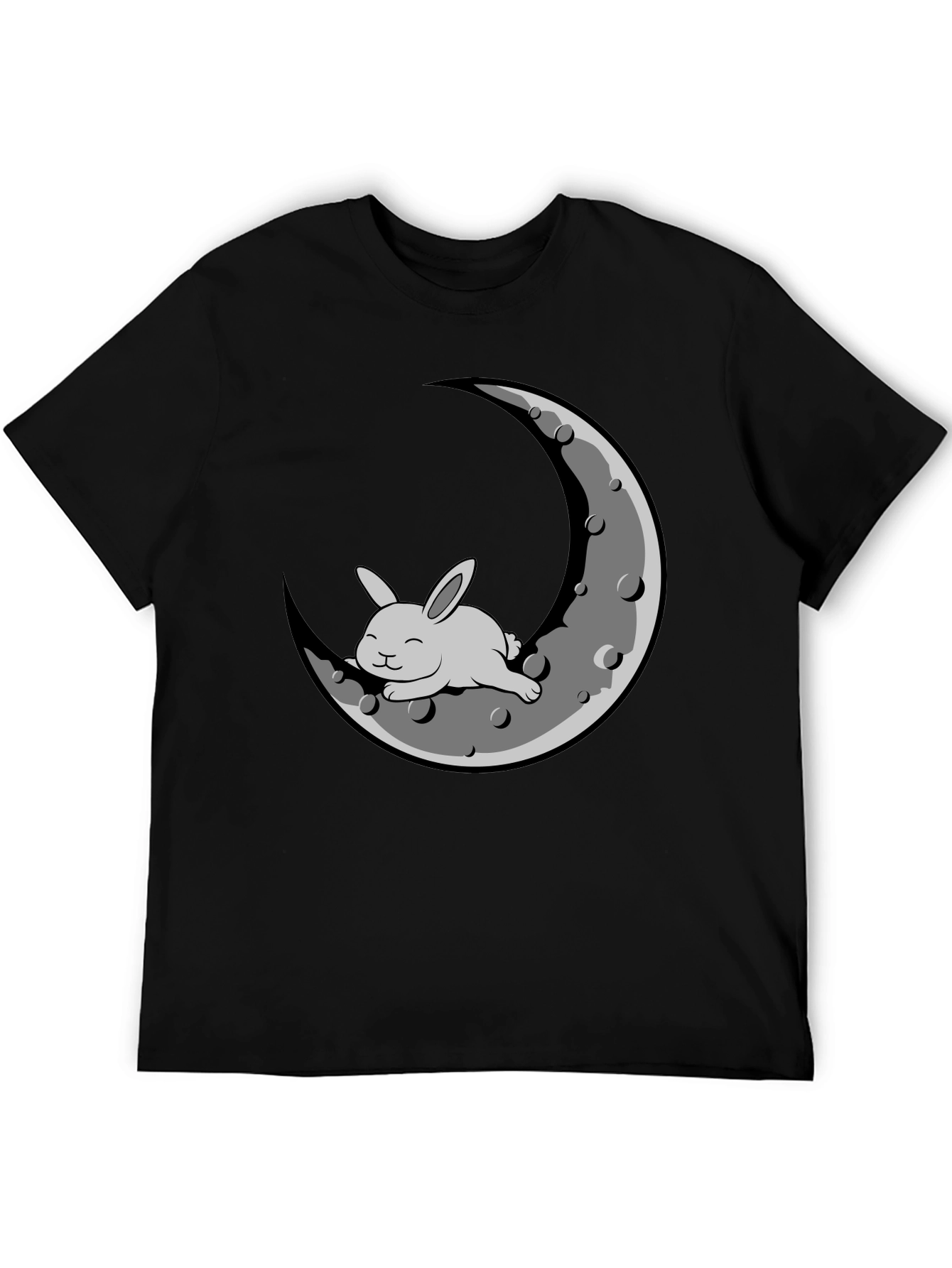 Rabbit on Moon Graphic T-Shirt - Black Cotton Blend