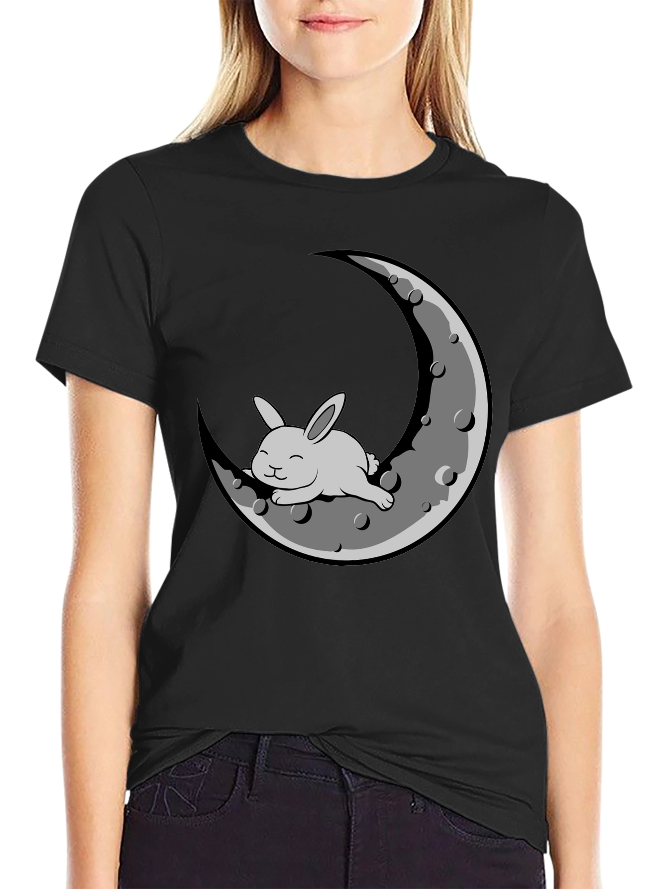 Rabbit on Moon Graphic T-Shirt - Black Cotton Blend