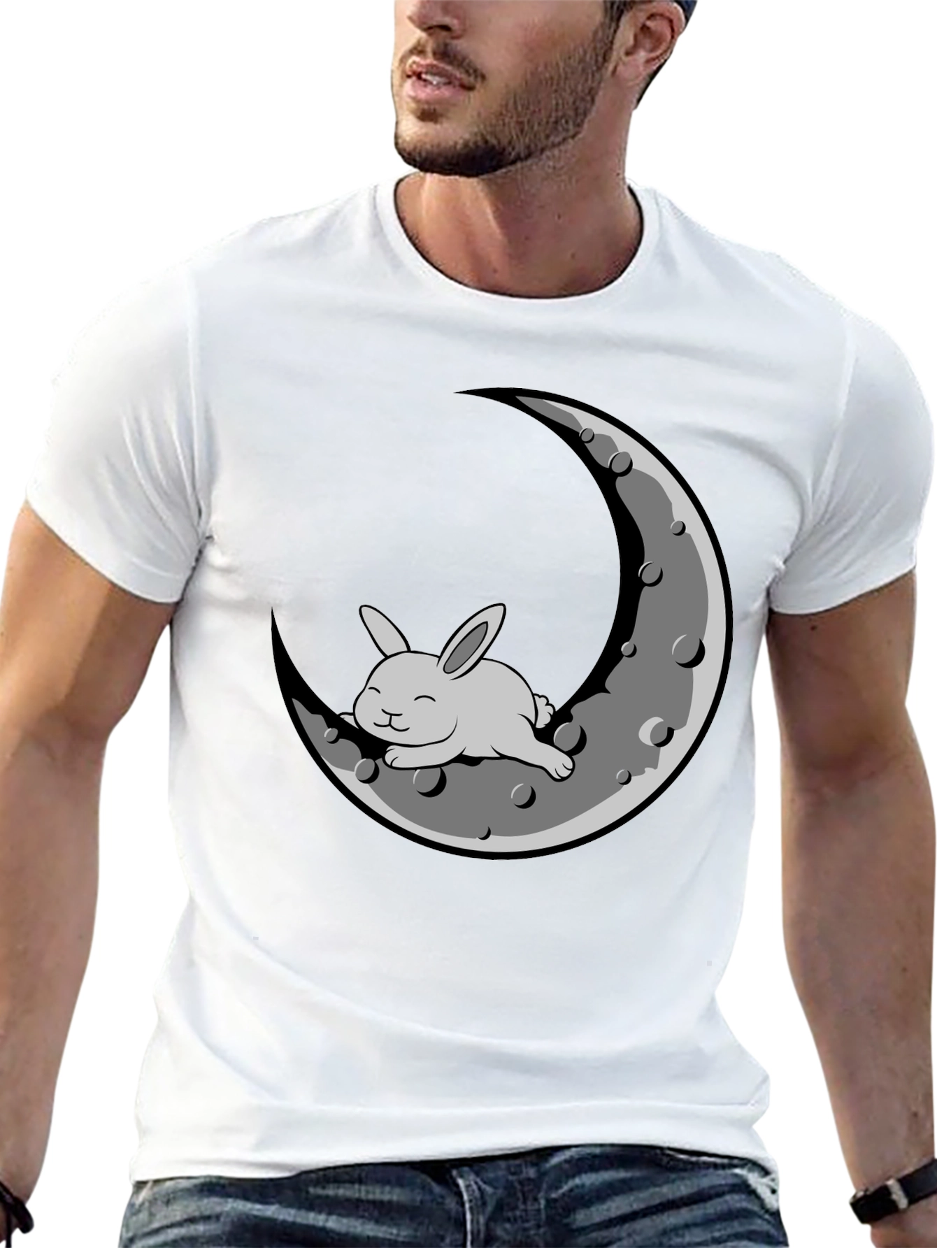 Rabbit on Moon Graphic T-Shirt - Black Cotton Blend